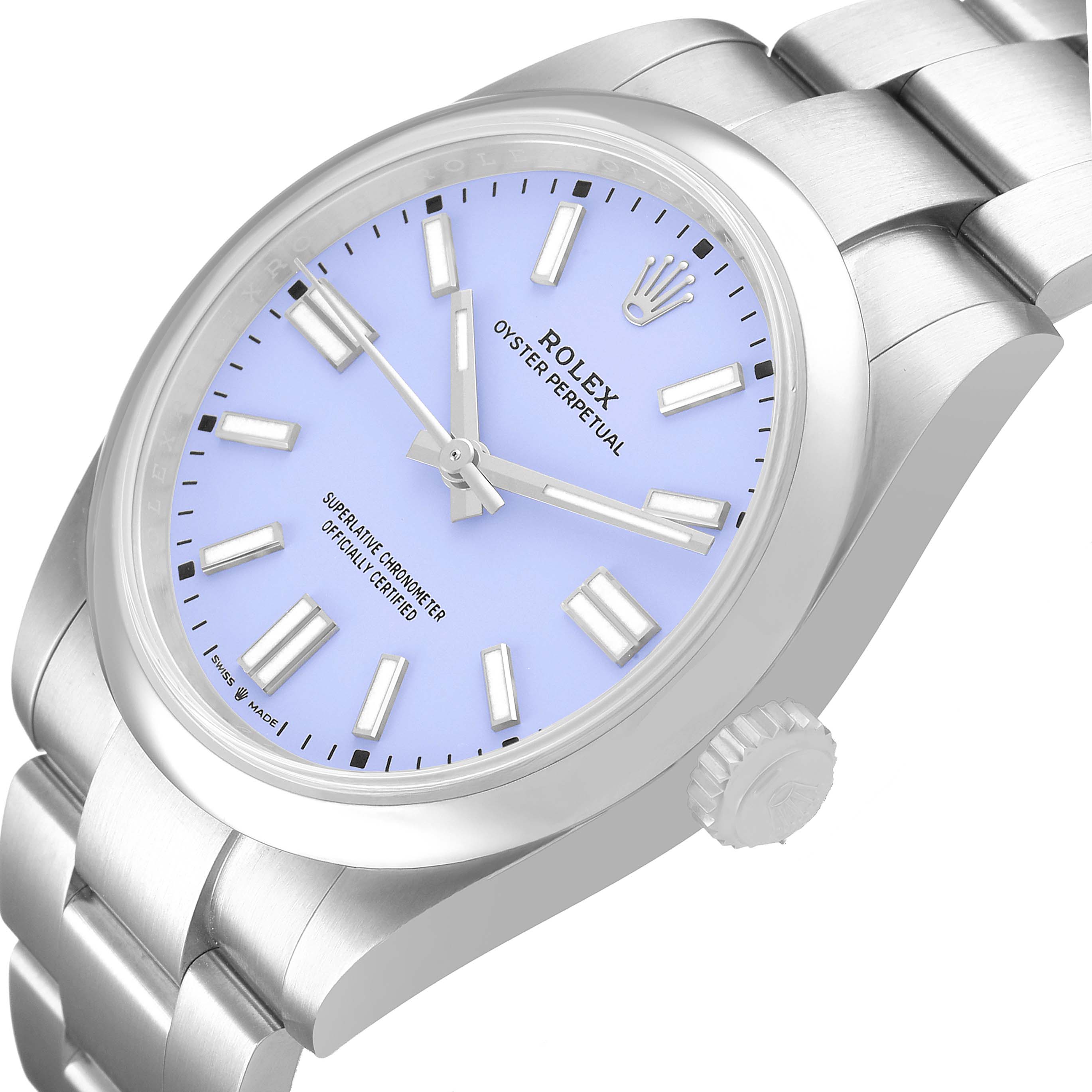 The Rolex Oyster Perpetual 134300 Men's Stainless Steel Blue Dial watch is shown at an angled view displaying the dial, case, crown, and part of the bracelet.