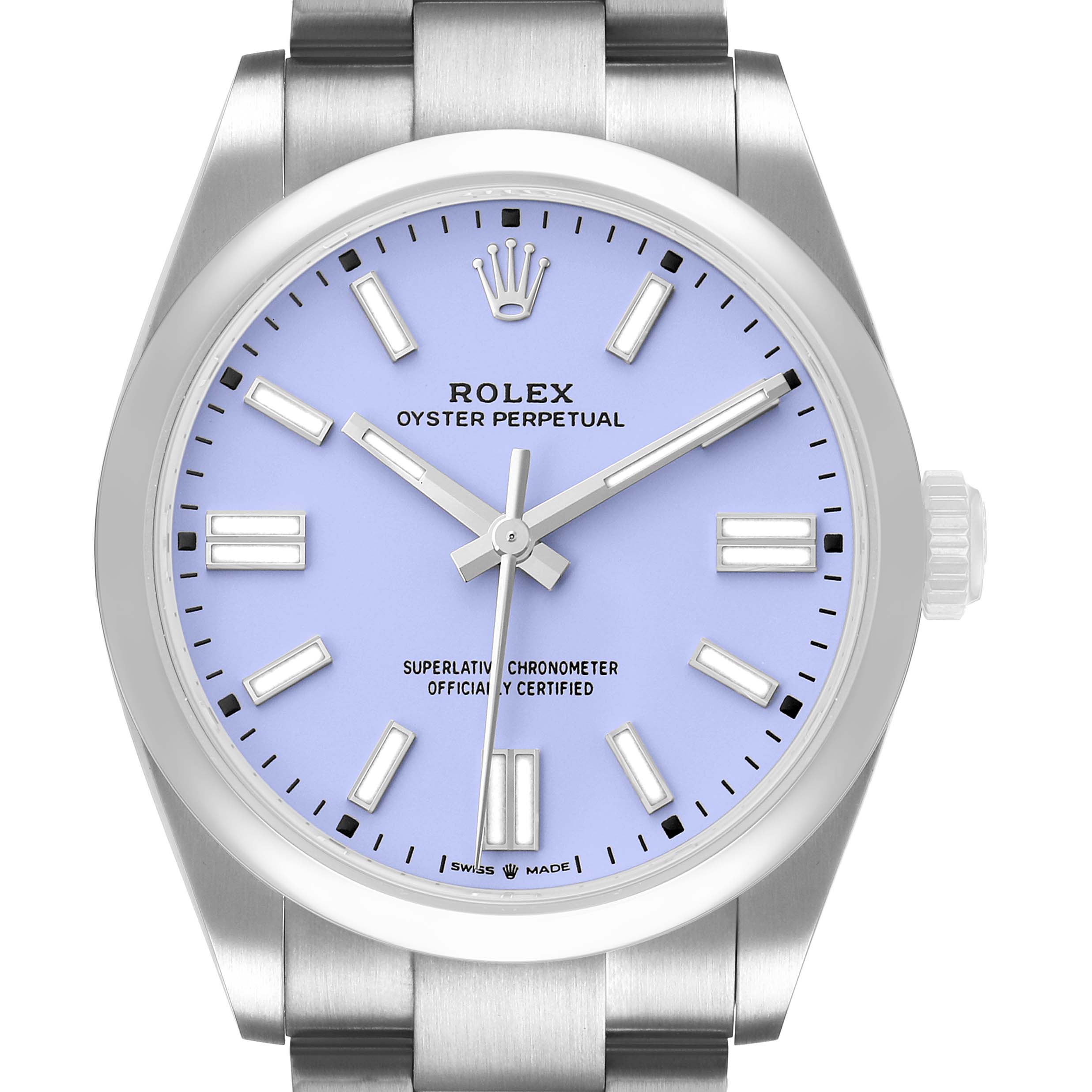 The Rolex Oyster Perpetual 134300 Men's Stainless Steel Blue Dial watch is shown from the front, displaying the dial, hands, and bracelet top.