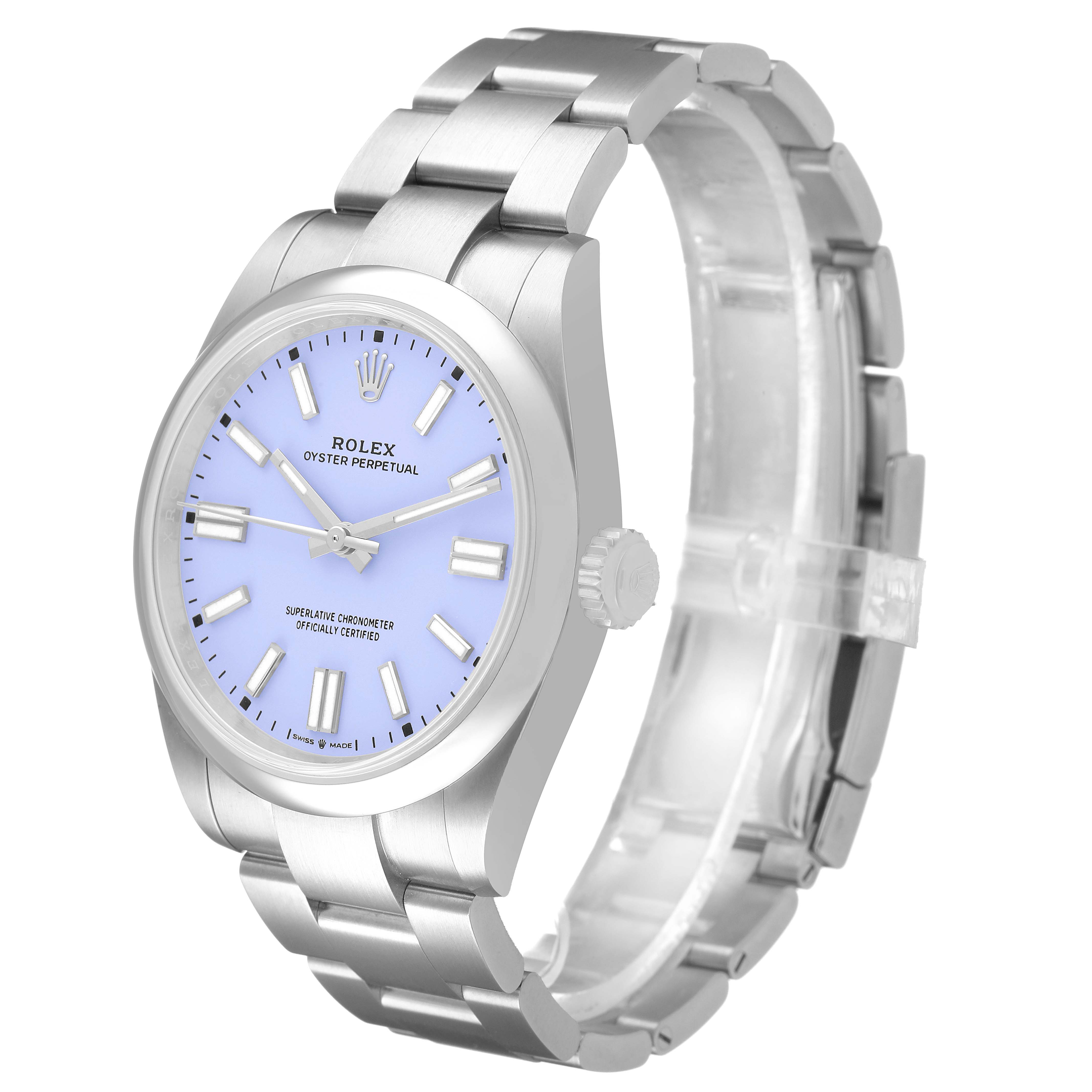 The Rolex Oyster Perpetual 134300 Men's Stainless Steel Blue Dial watch is shown at a three-quarter angle, displaying the face, bezel, crown, and part of the bracelet.