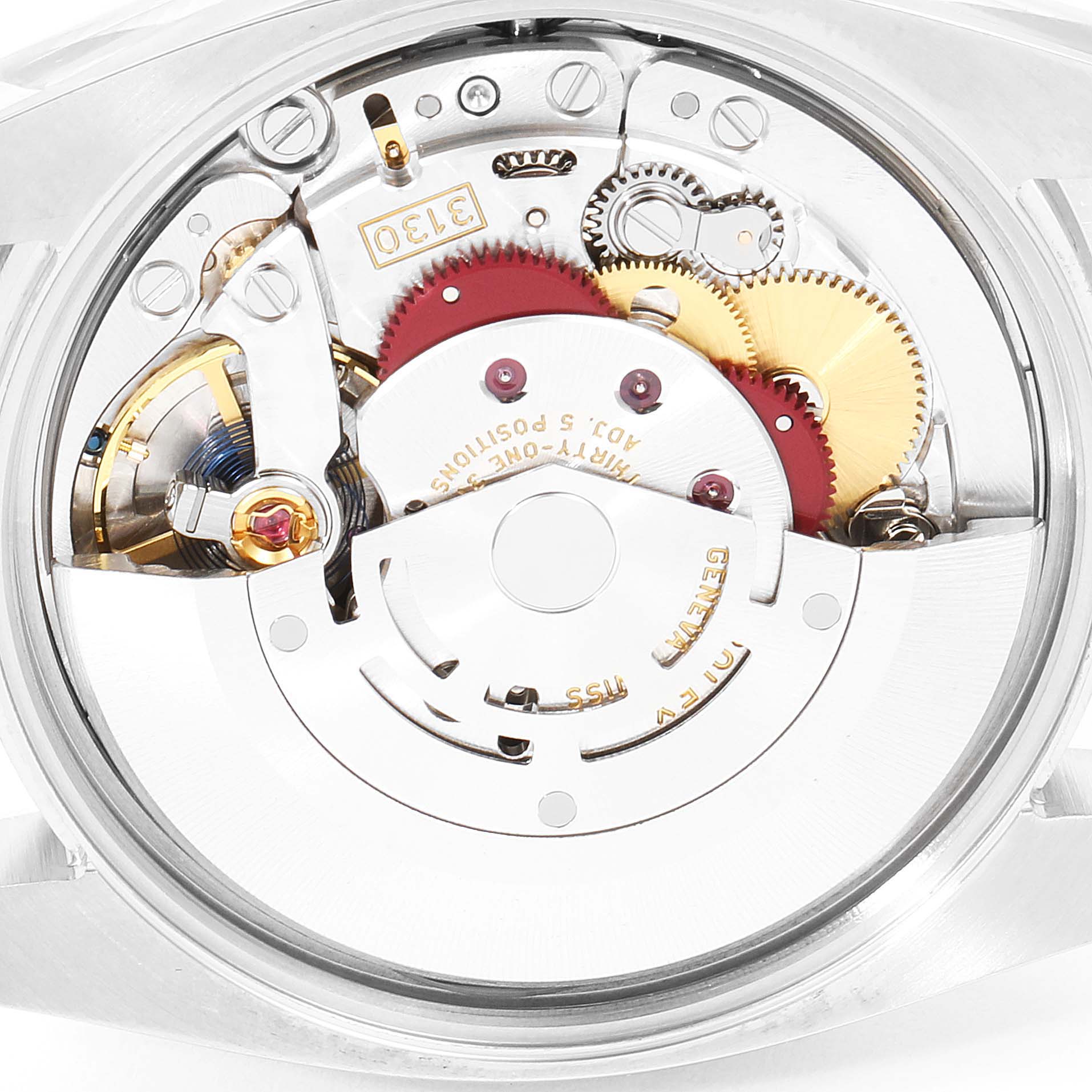 This image shows the movement mechanism of a Rolex Oyster Perpetual 114200 Men's Stainless Steel Black Dial 114200 Men's Stainless Steel Black Dial watch from a rear angle.