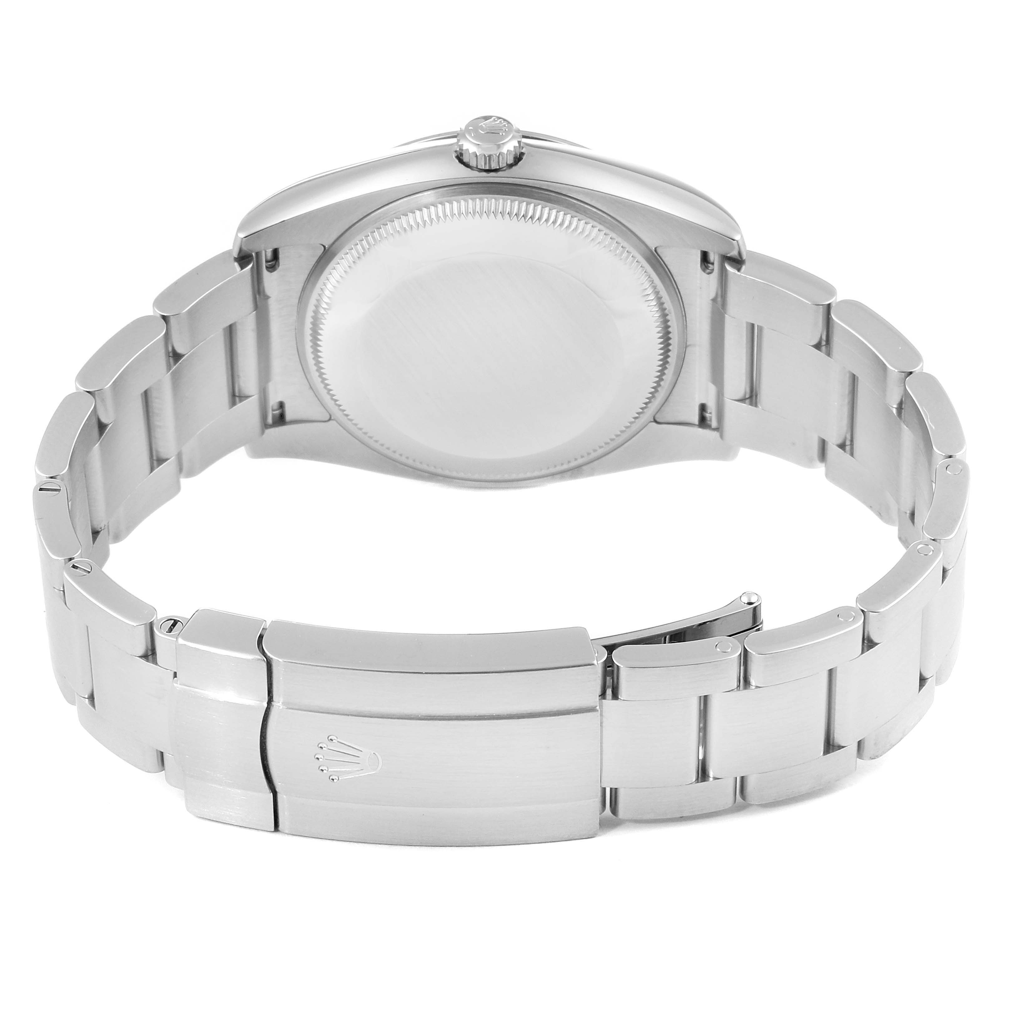 This image shows the back view of the Rolex Oyster Perpetual 114200 Men's Stainless Steel Black Dial 114200 Men's Stainless Steel Black Dial watch, highlighting the clasp and bracelet.