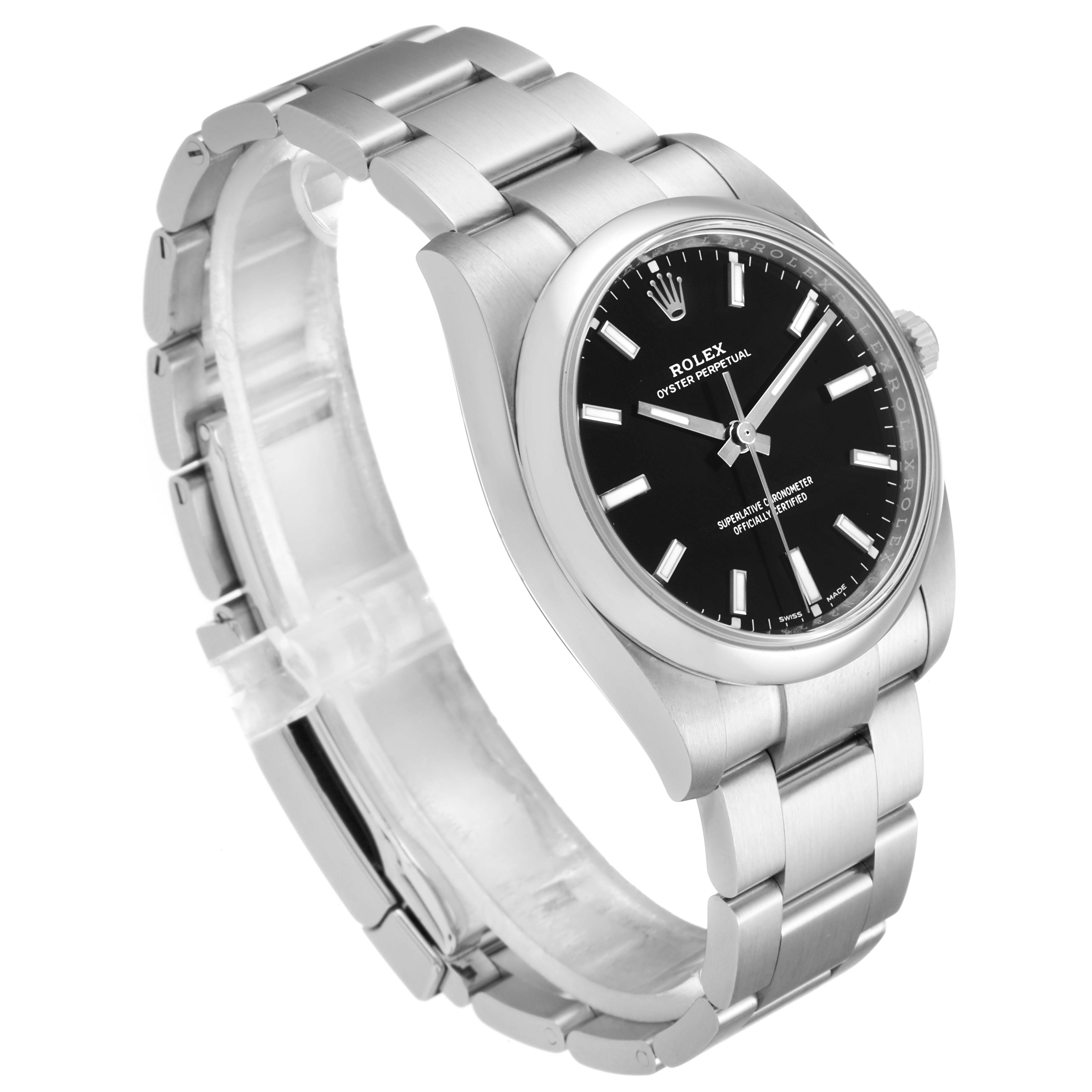 This image shows a side angle of a Rolex Oyster Perpetual 114200 Men's Stainless Steel Black Dial 114200 Men's Stainless Steel Black Dial watch, highlighting the black dial, bezel, and metal bracelet.