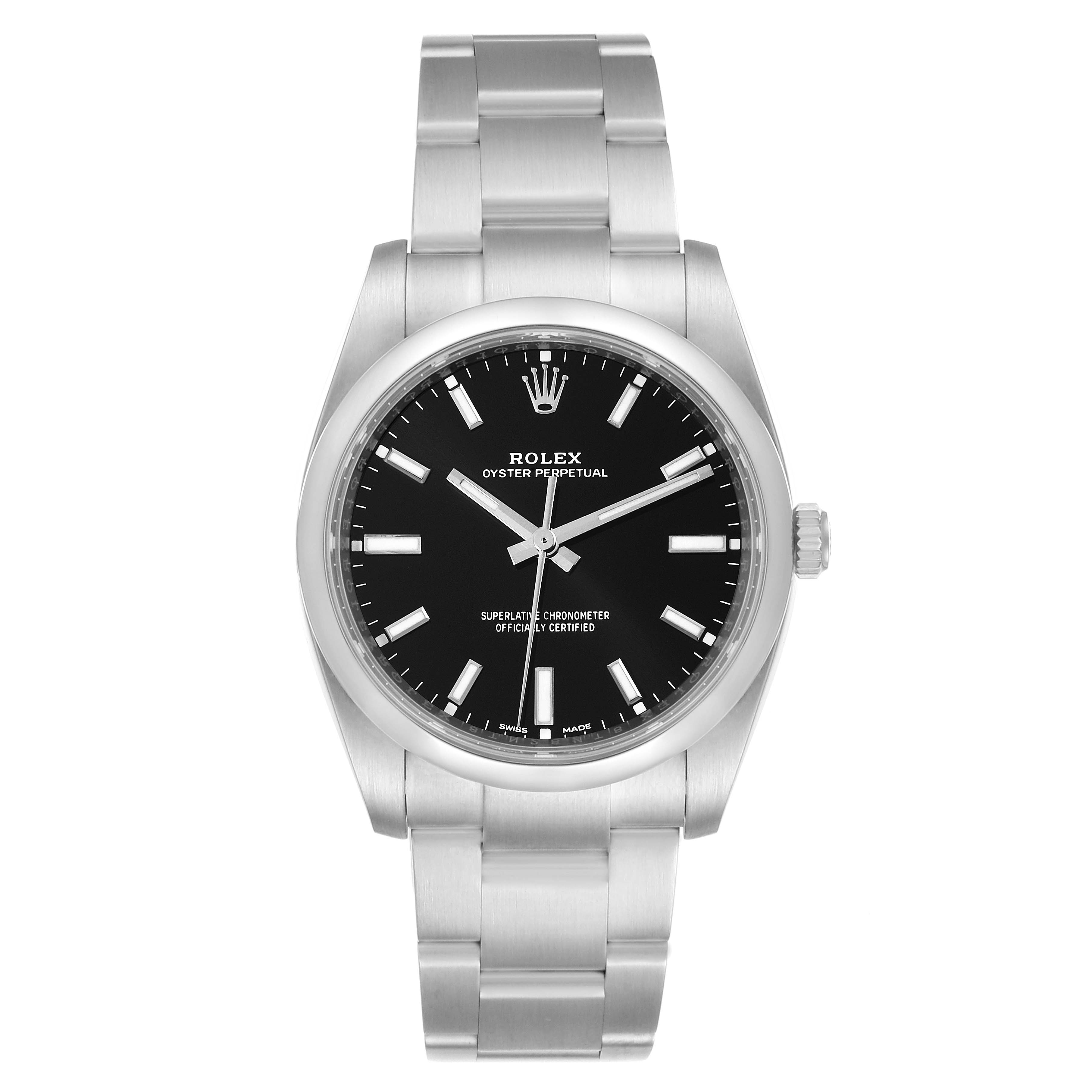 The Rolex Oyster Perpetual 114200 Men's Stainless Steel Black Dial 114200 Men's Stainless Steel Black Dial watch is shown from a front angle, displaying its black dial, stainless steel case, and bracelet.