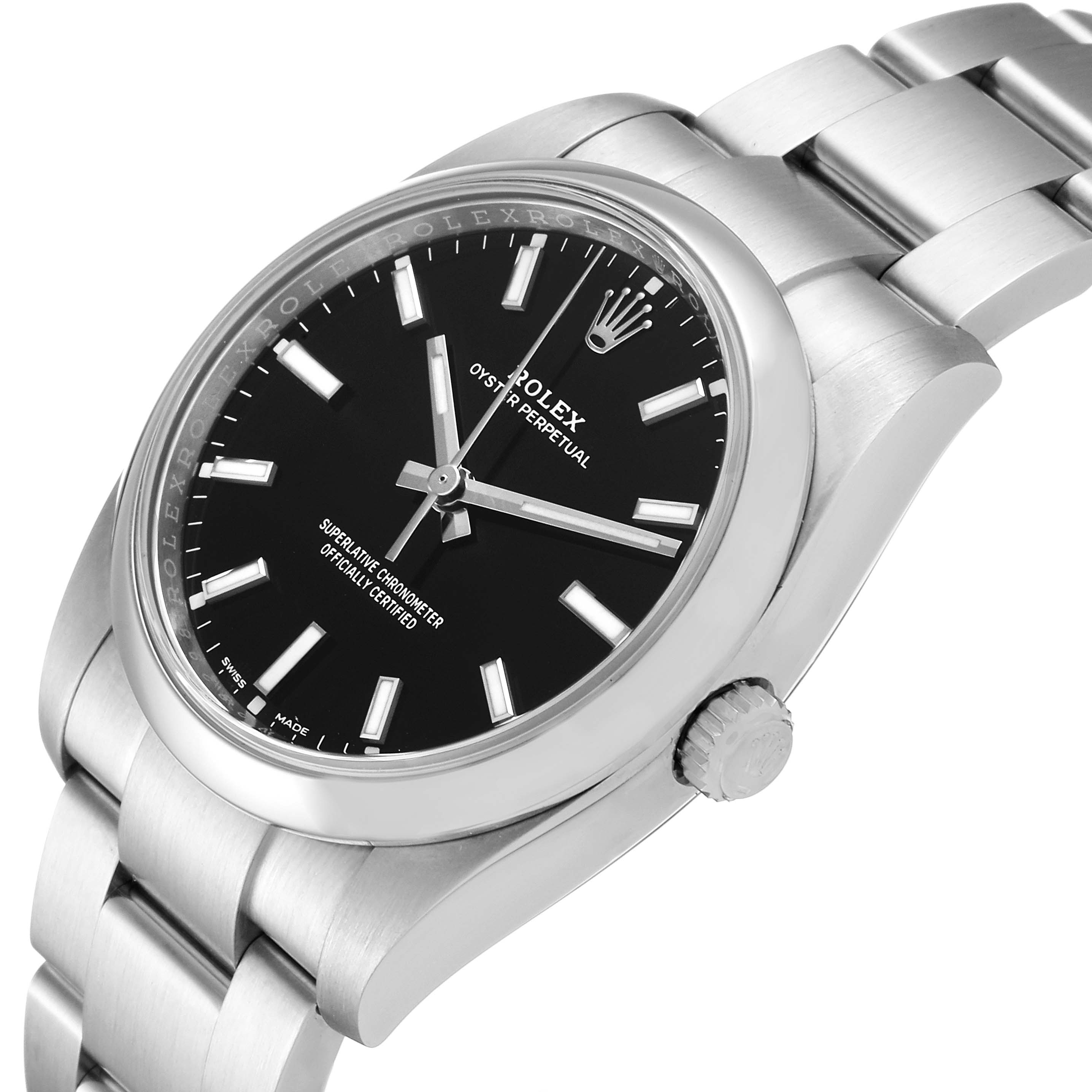 The Rolex Oyster Perpetual 114200 Men's Stainless Steel Black Dial 114200 Men's Stainless Steel Black Dial watch is shown at a slight angle, highlighting its black dial, casing, and bracelet.