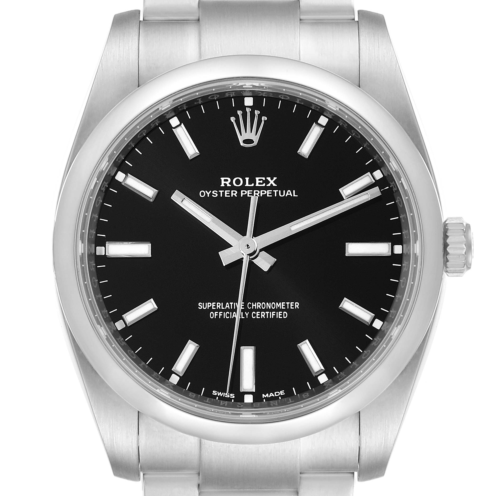 This image shows a front view of a Rolex Oyster Perpetual 114200 Men's Stainless Steel Black Dial 114200 Men's Stainless Steel Black Dial watch with its black dial and stainless steel bracelet.