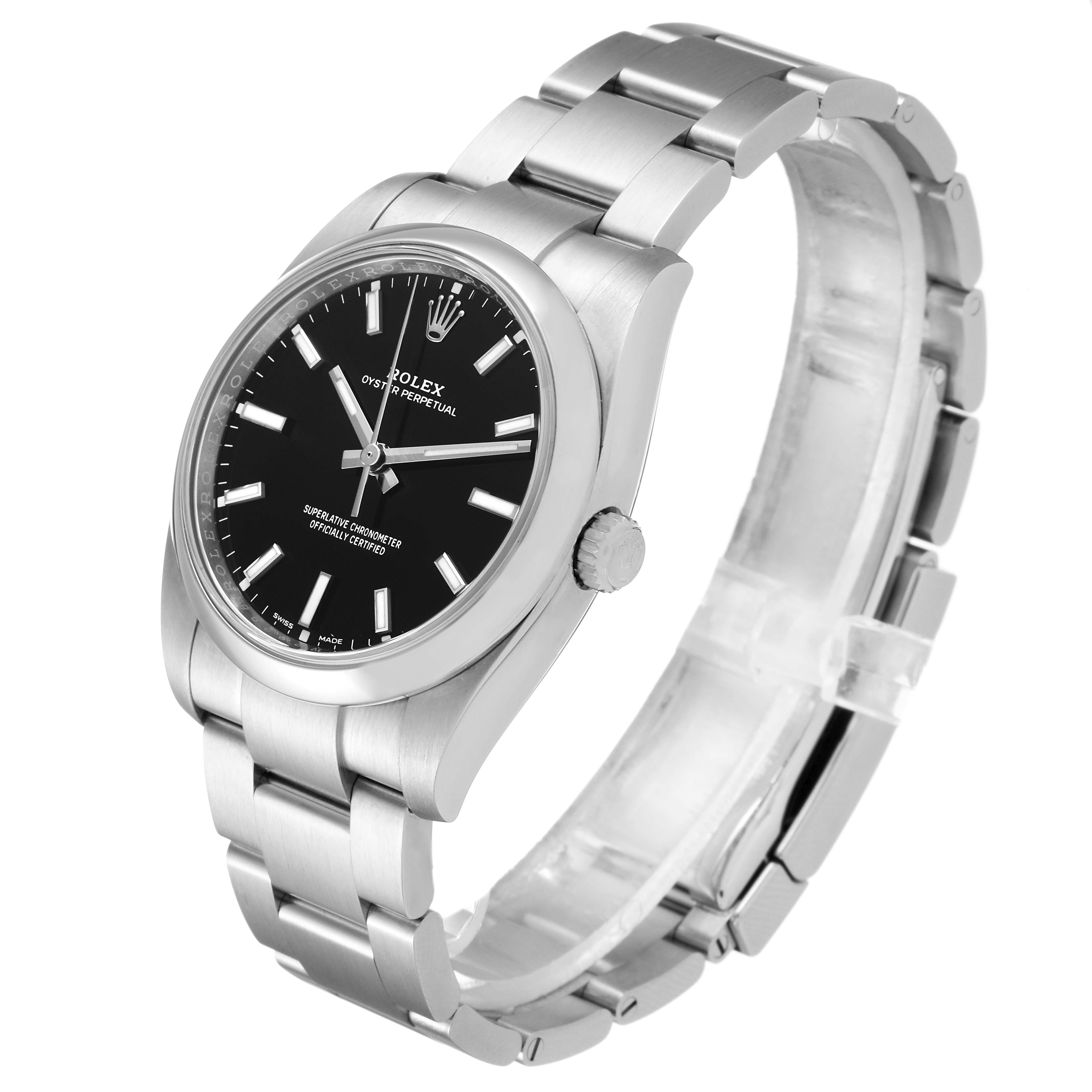 This image shows a Rolex Oyster Perpetual 114200 Men's Stainless Steel Black Dial 114200 Men's Stainless Steel Black Dial watch from a three-quarter angle, highlighting its face, bezel, crown, and bracelet.