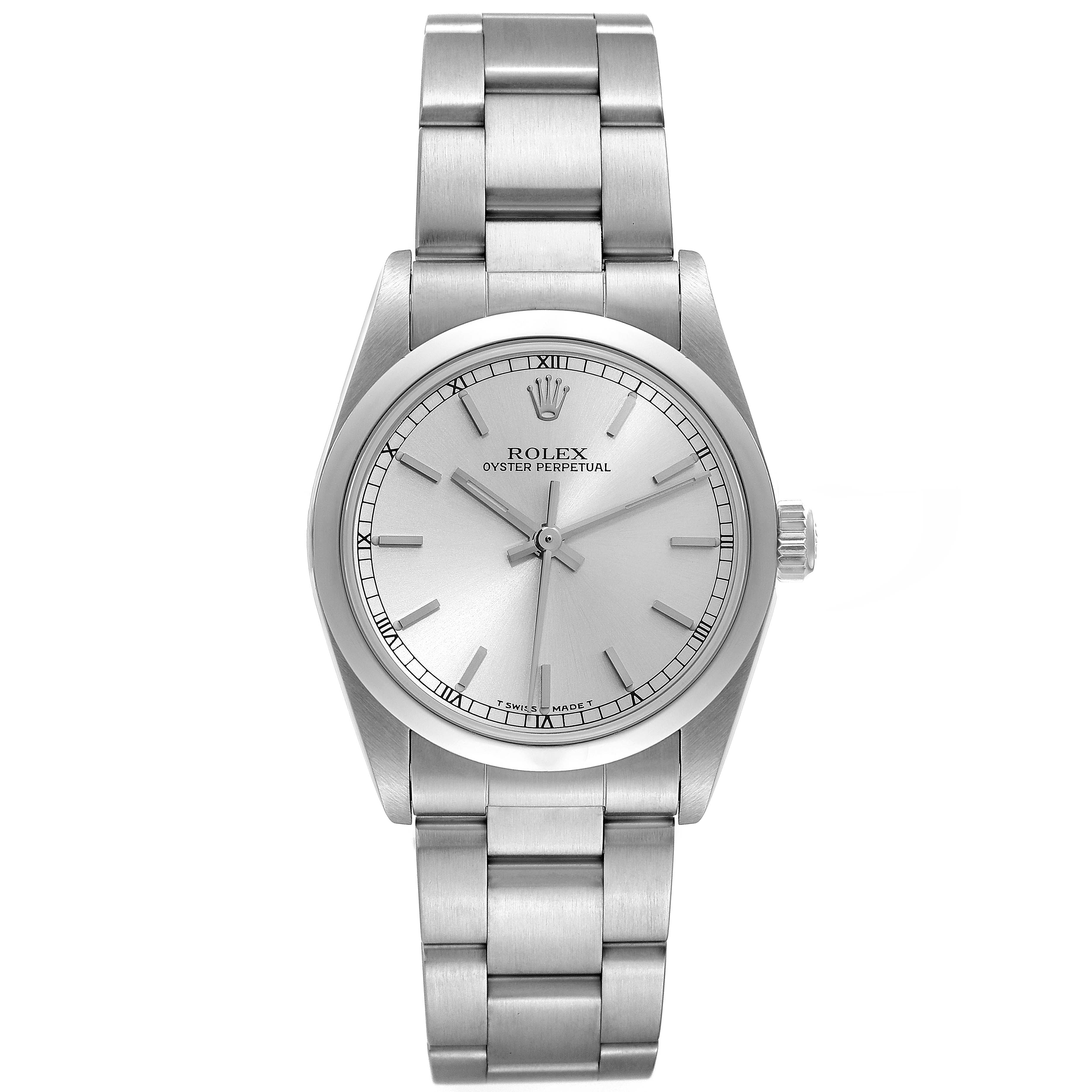 This is a front view of the Rolex Oyster Perpetual Mid-Size watch, showing the dial, bracelet, and crown.