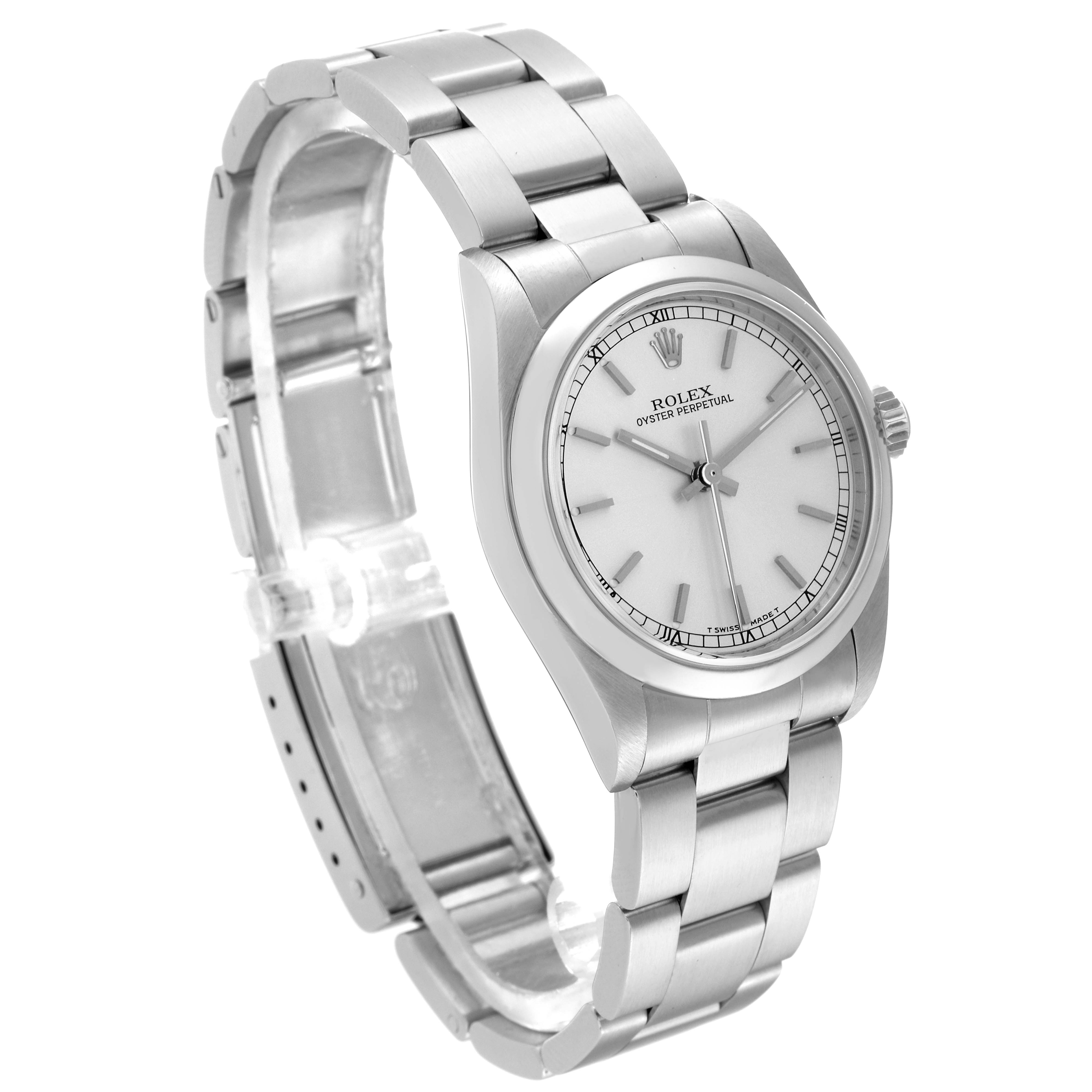 The image shows a Rolex Oyster Perpetual Mid-Size watch from an angled side view, displaying its dial, bezel, and bracelet.