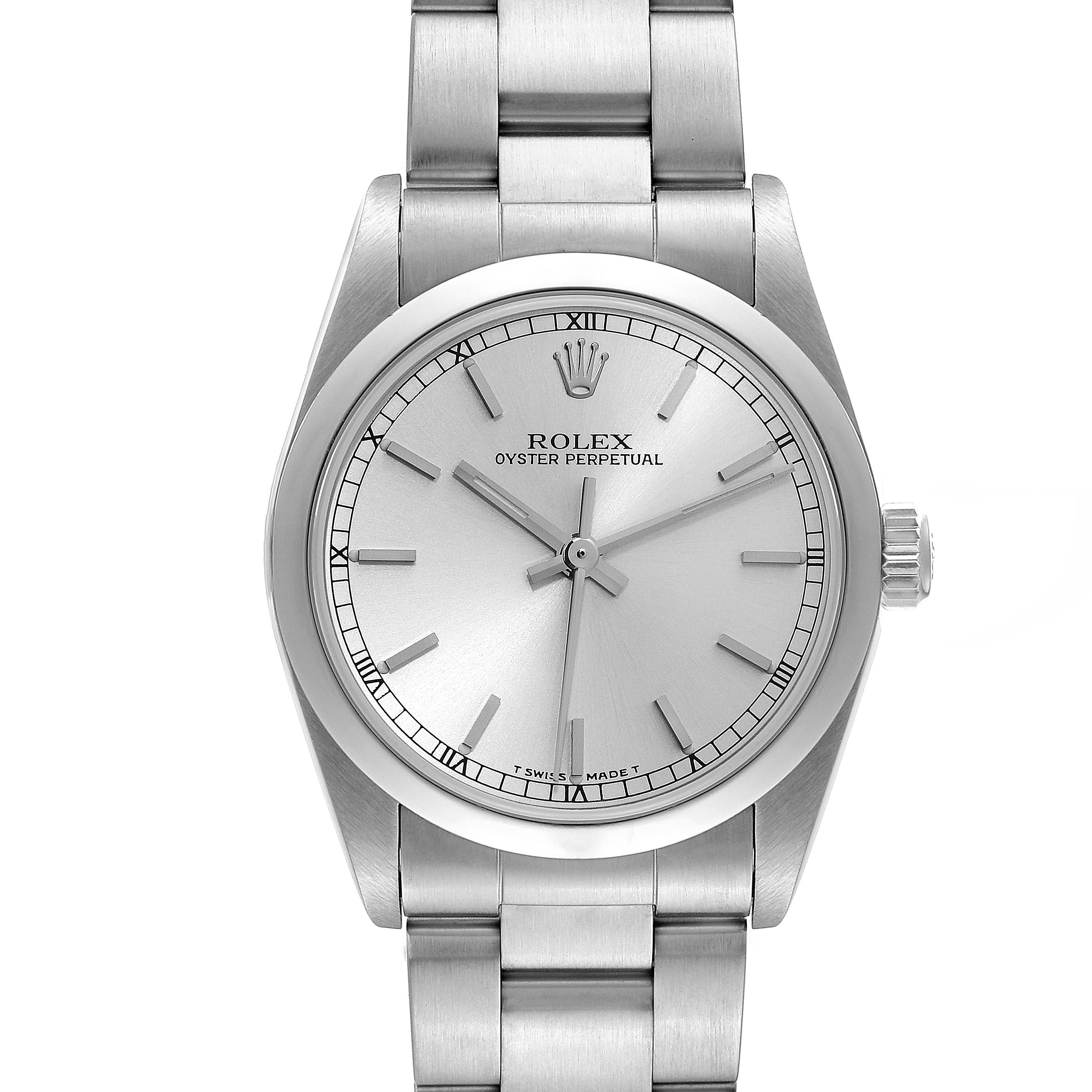 The image shows a front view of a Rolex Oyster Perpetual Mid-Size watch with a silver dial and stainless steel bracelet.