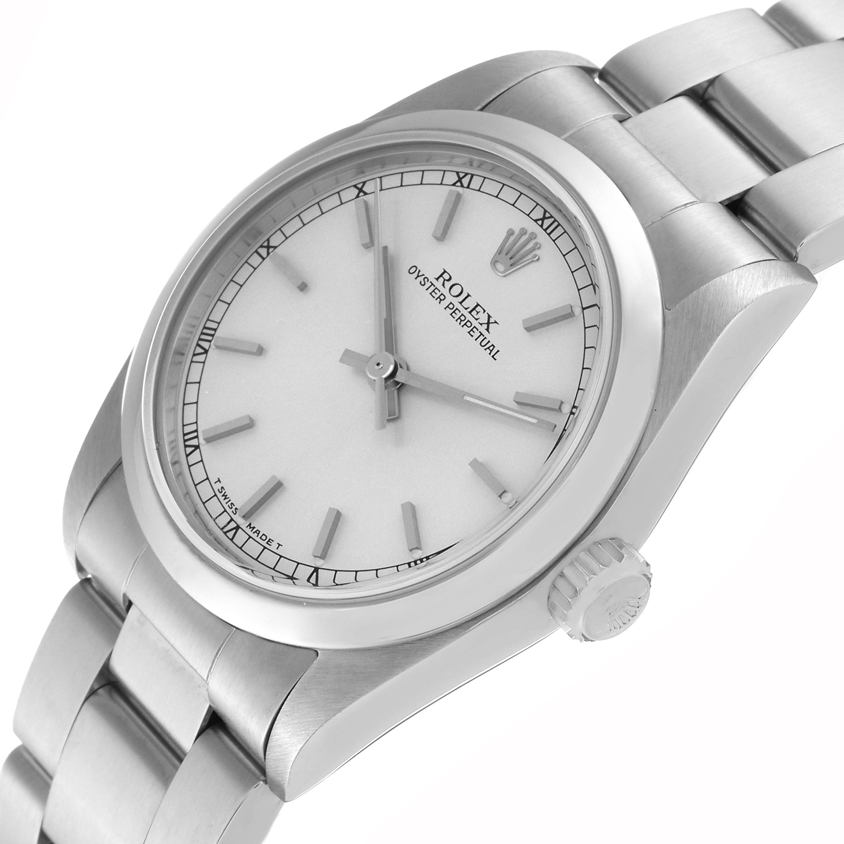 The Rolex Mid-Size 77080 Women
s Stainless Steel Silver Dial 77080 Women
s Stainless Steel Silver Dial watch is shown at a slight angle, displaying the face, bezel, crown, and stainless steel bracelet.