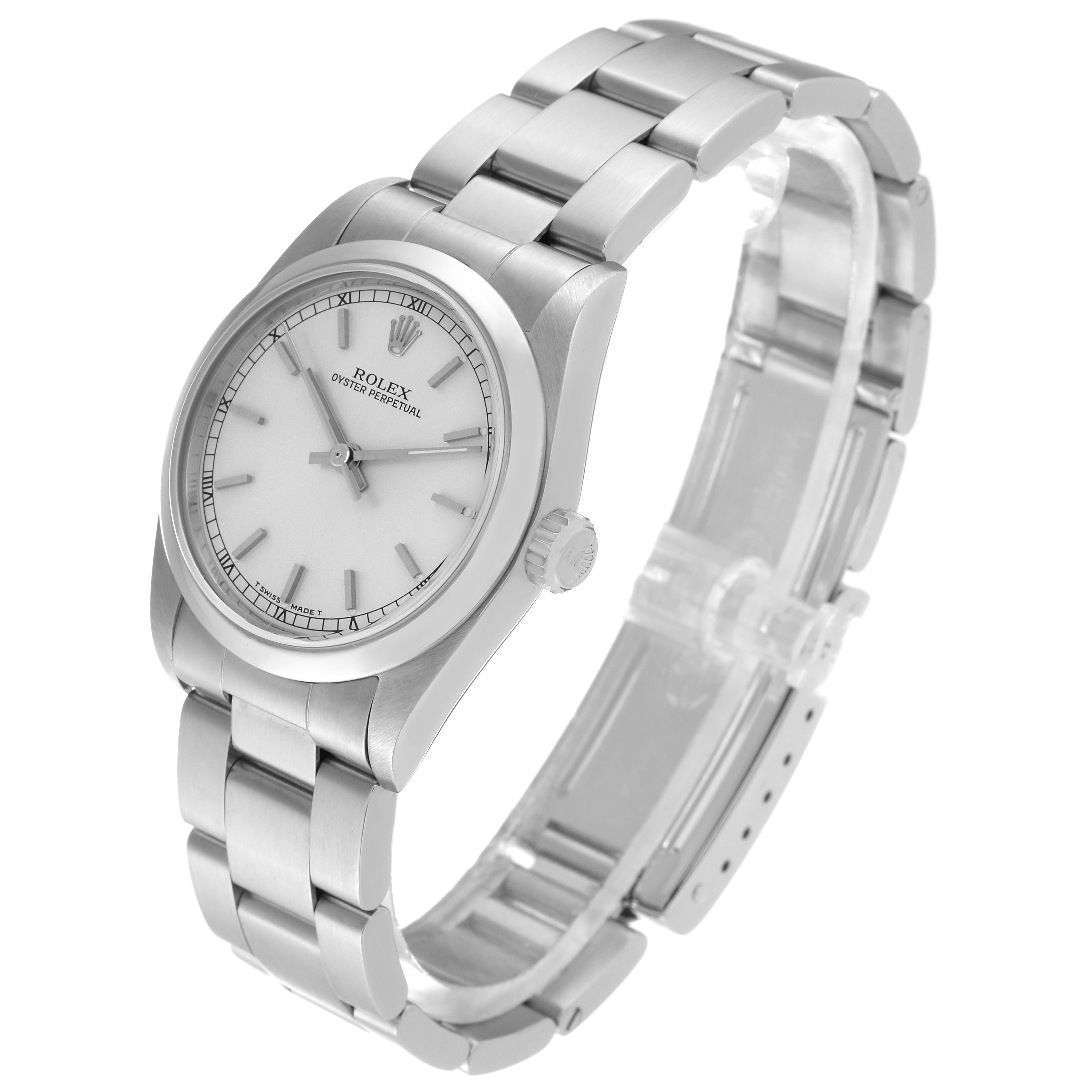 The image shows a mid-size Rolex Oyster Perpetual watch at a three-quarter angle, highlighting the face, bezel, and bracelet.