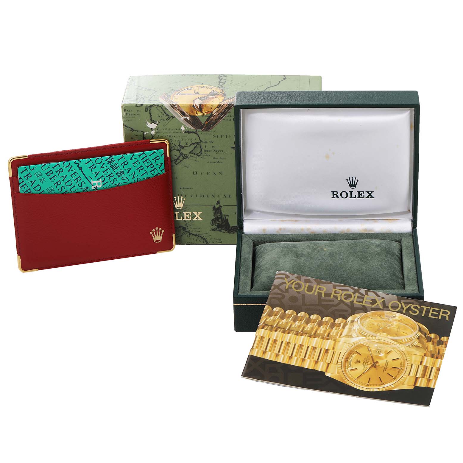 The image shows the packaging and accessories for a Rolex Oyster Perpetual 76183 Women's Steel and Gold (two tone) White Dial 76183 Women's Steel and Gold (two tone) White Dial watch, including a box, cardholder, and booklet.