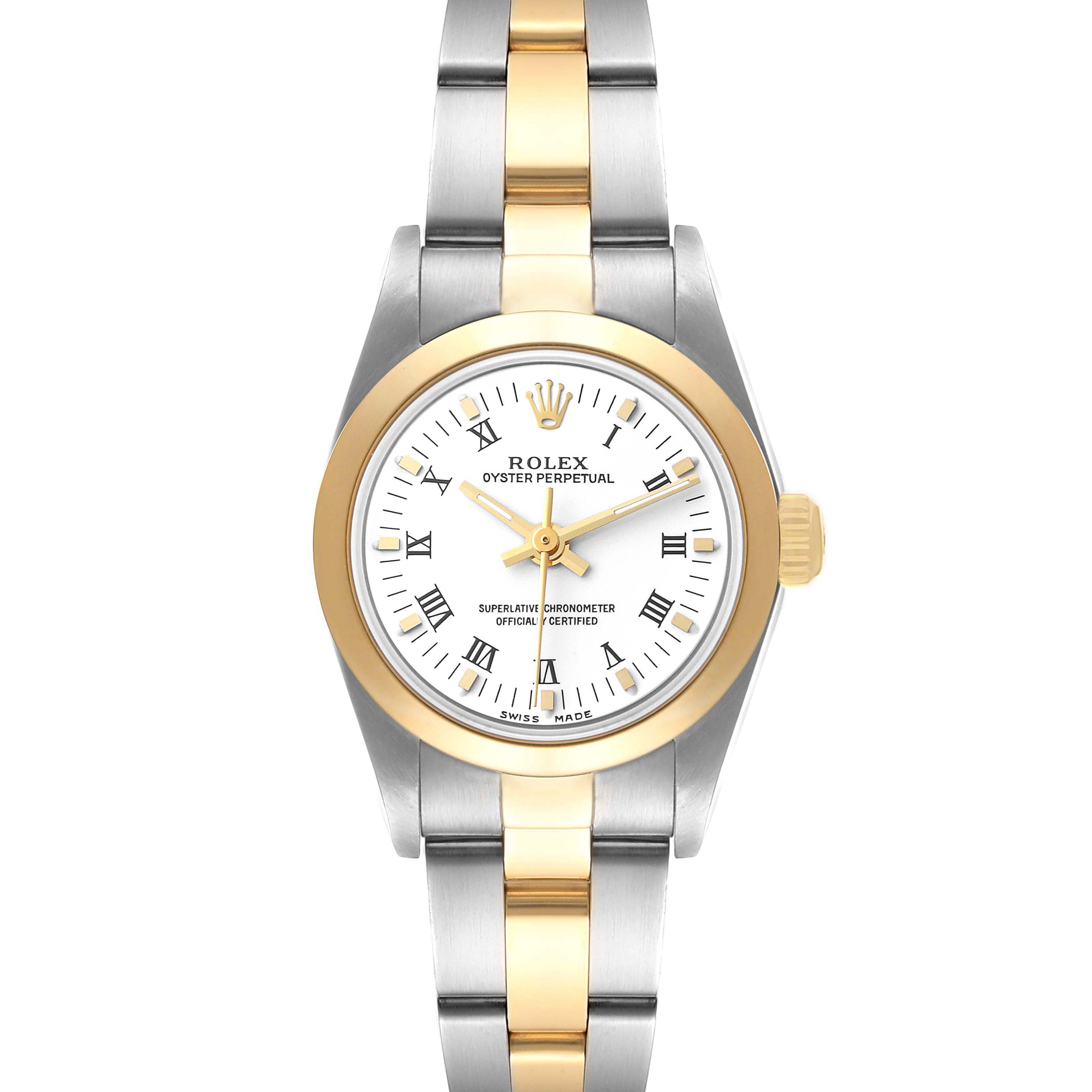 This image shows a front view of the Rolex Oyster Perpetual 76183 Women's Steel and Gold (two tone) White Dial 76183 Women's Steel and Gold (two tone) White Dial watch, displaying its dial, bezel, and bracelet.