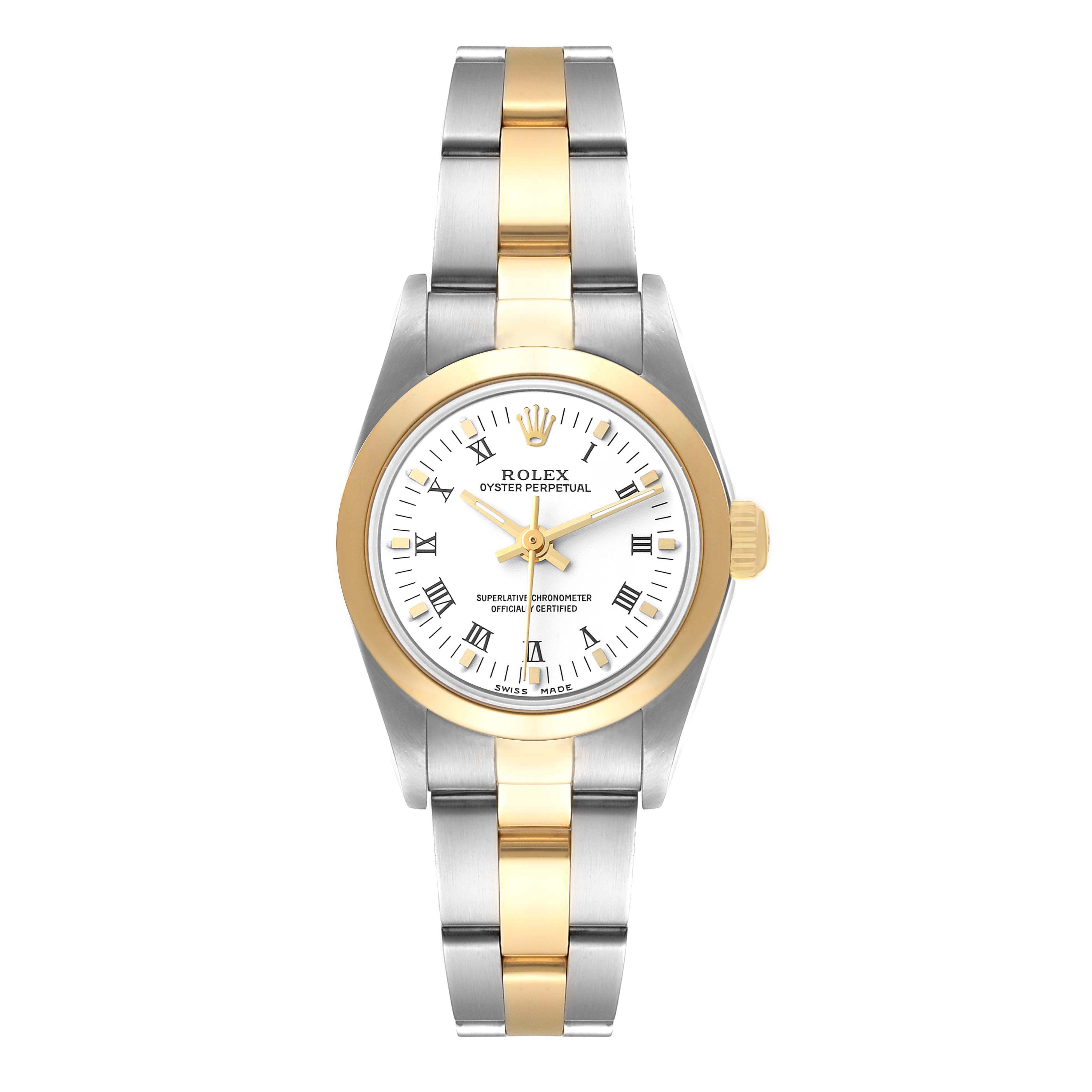 The image shows a Rolex Oyster Perpetual 76183 Women's Steel and Gold (two tone) White Dial 76183 Women's Steel and Gold (two tone) White Dial watch from a front angle, displaying the dial, bezel, and stainless steel and gold bracelet.