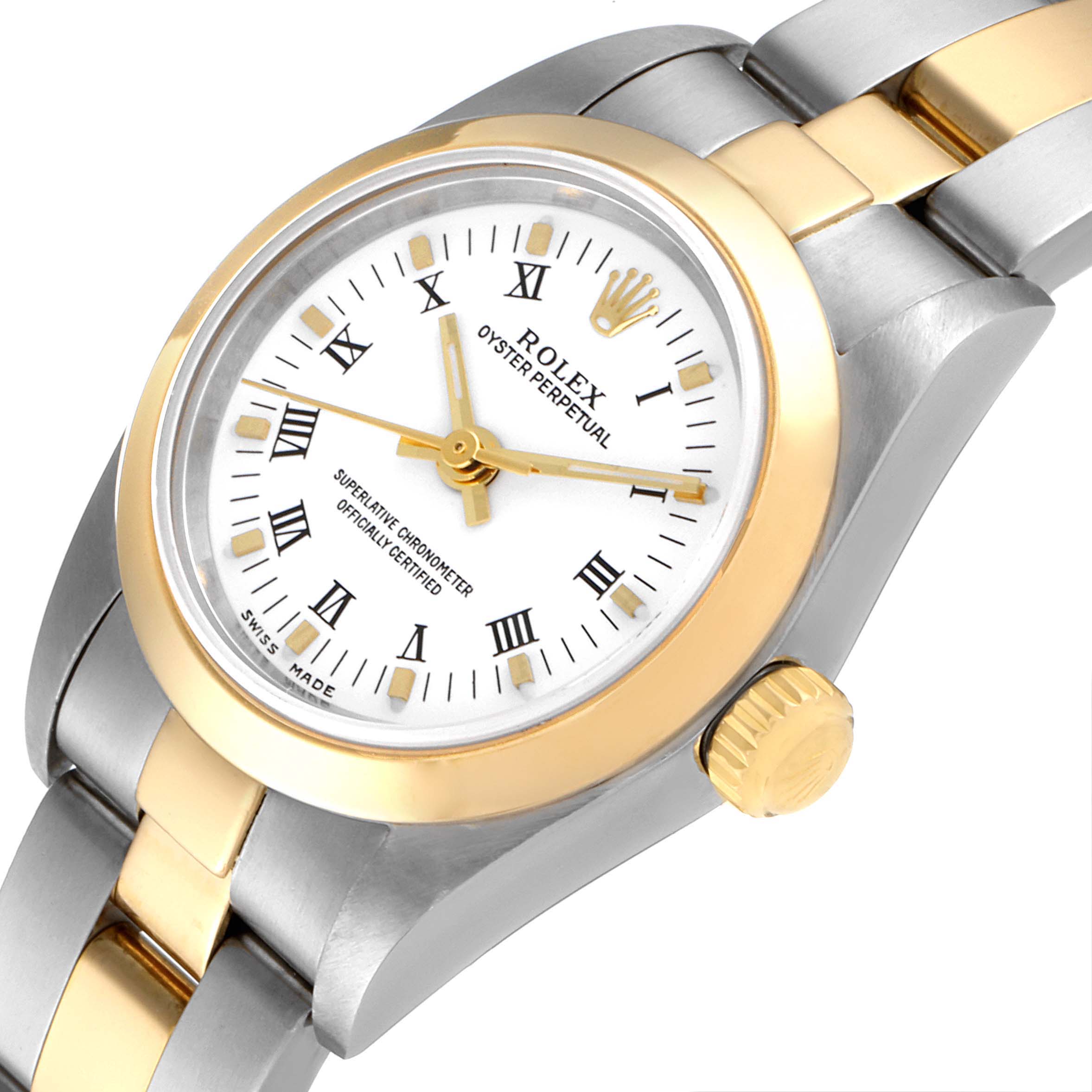 The image shows a close-up of a Rolex Oyster Perpetual 76183 Women's Steel and Gold (two tone) White Dial 76183 Women's Steel and Gold (two tone) White Dial watch highlighting the face, bezel, crown, and part of the bracelet.