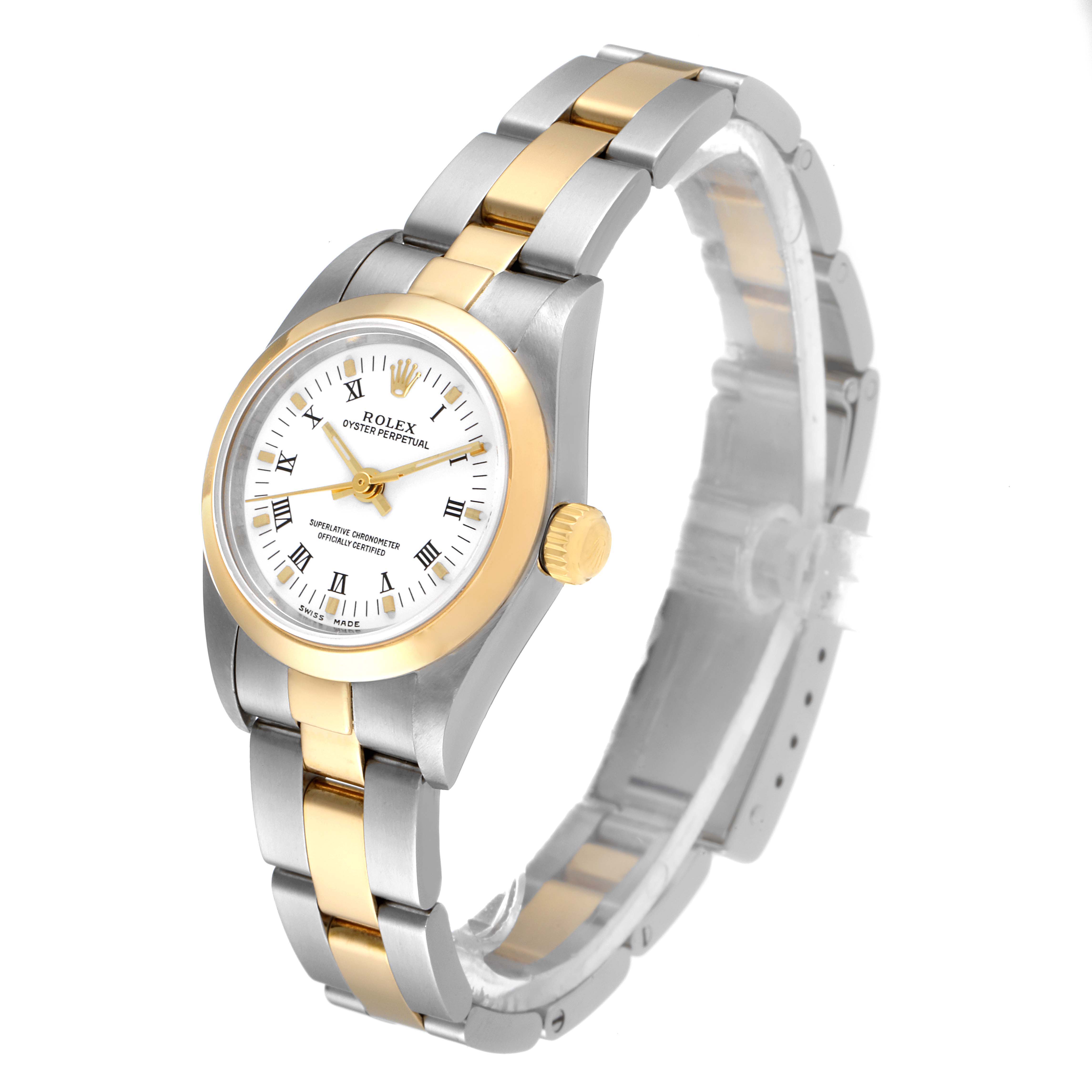 This Rolex Oyster Perpetual 76183 Women's Steel and Gold (two tone) White Dial 76183 Women's Steel and Gold (two tone) White Dial watch is shown from an angled perspective, displaying its dial, bezel, crown, and bracelet.