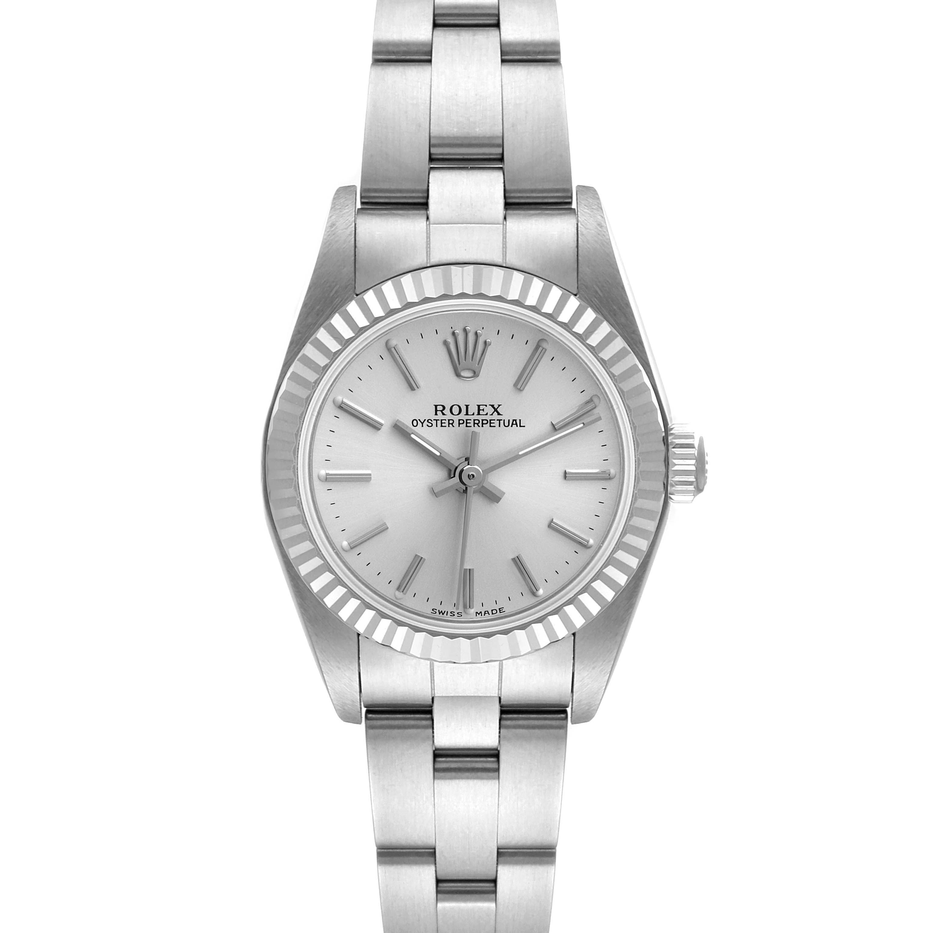 The Rolex Oyster Perpetual 76094 Women
s Stainless Steel Silver Dial 76094 Women
s Stainless Steel Silver Dial watch is shown from a front angle, displaying the watch face, bezel, crown, and bracelet.