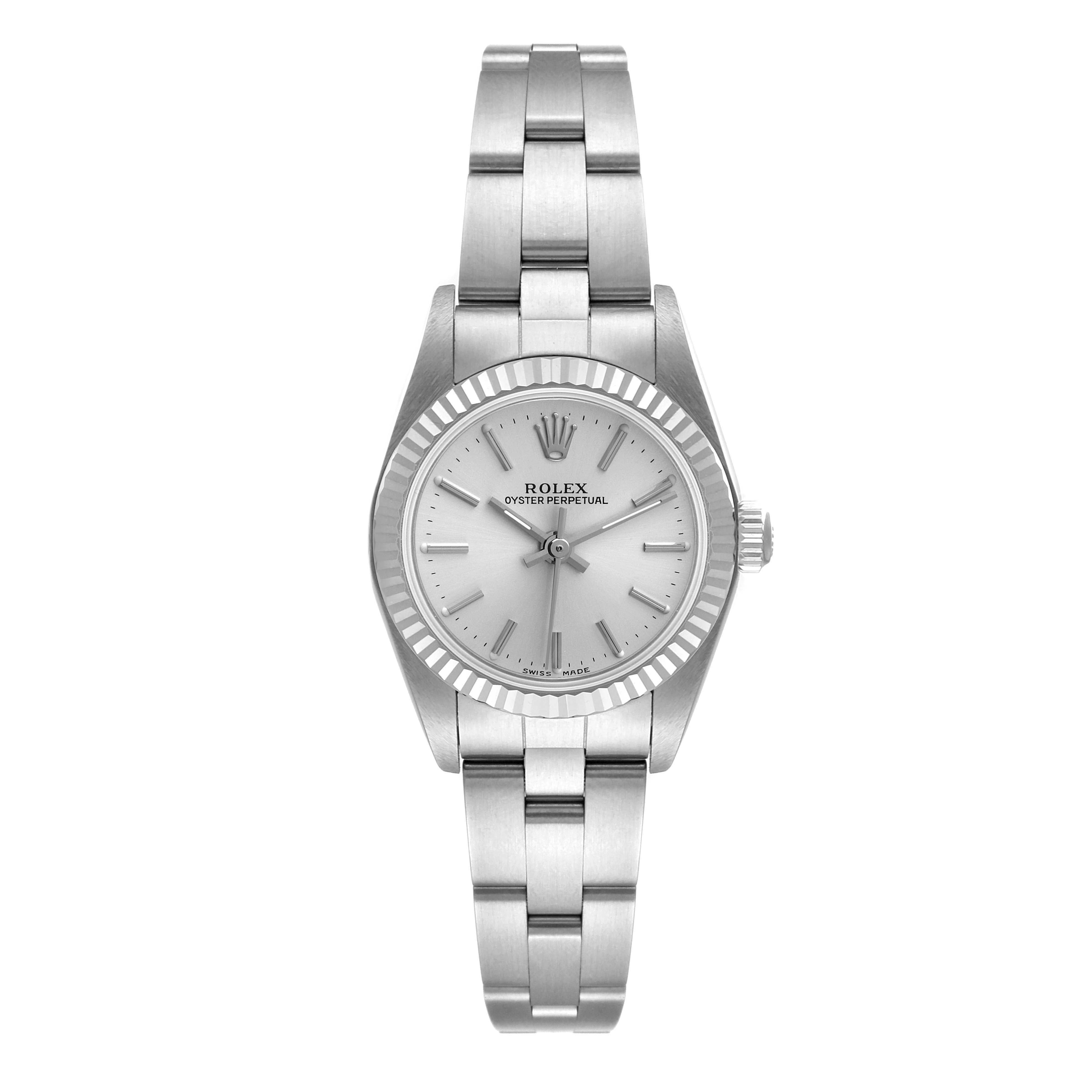 This image shows a full front view of the Rolex Oyster Perpetual 76094 Women
s Stainless Steel Silver Dial 76094 Women
s Stainless Steel Silver Dial watch, displaying the face, bezel, crown, and bracelet.