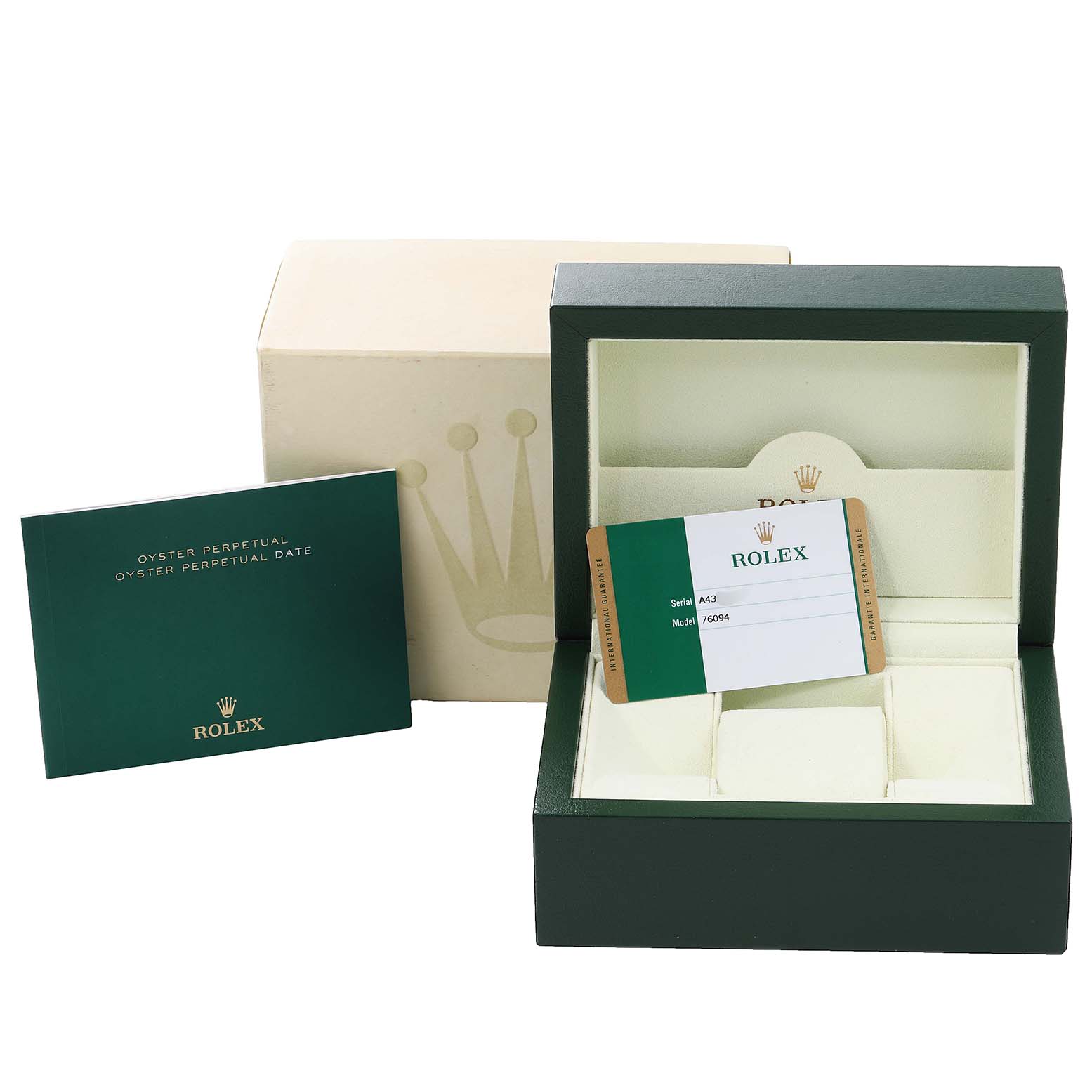 The image shows packaging for a Rolex Oyster Perpetual 76094 Women
s Stainless Steel Silver Dial 76094 Women
s Stainless Steel Silver Dial watch, including a box, manual, and warranty card.