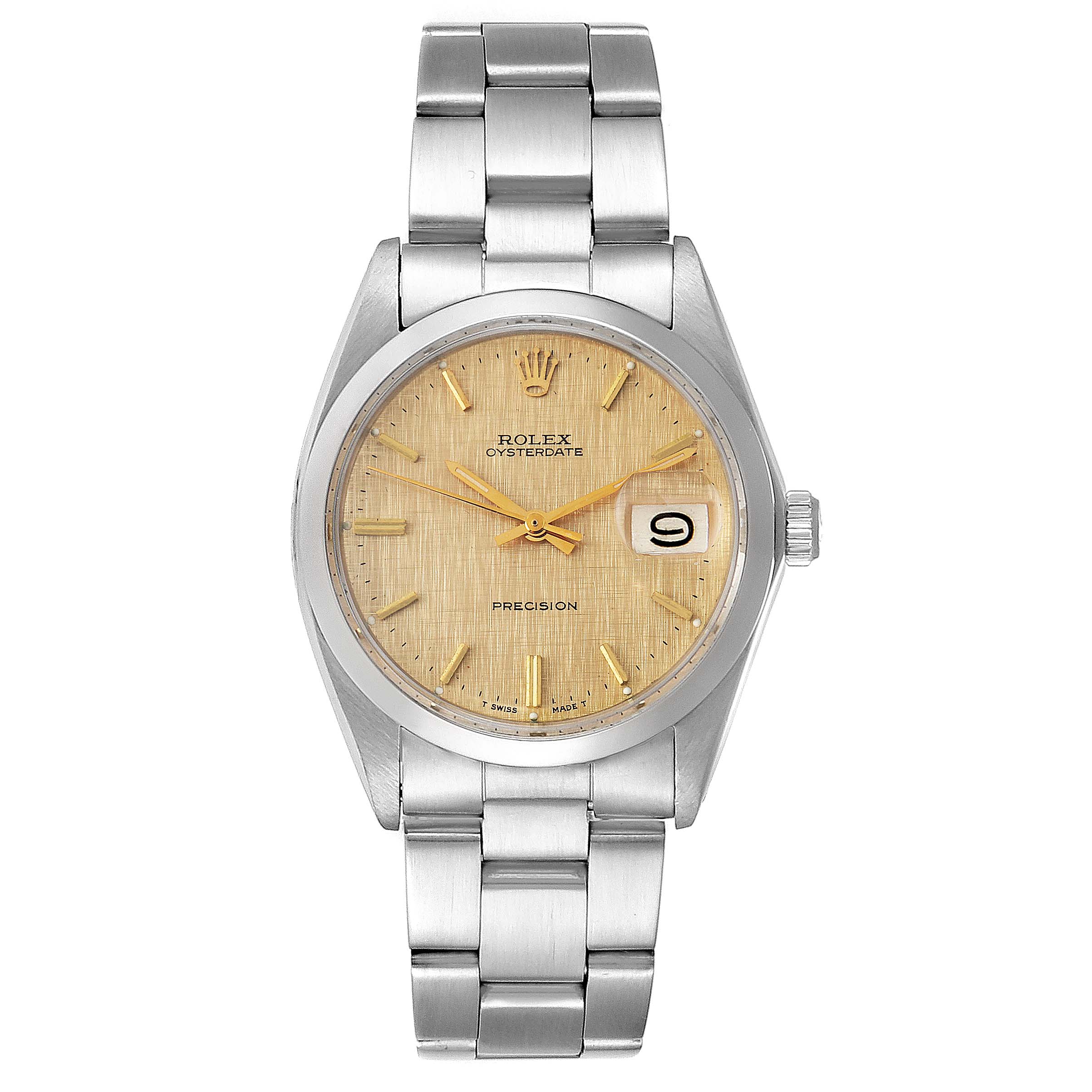 The image shows a front view of the Rolex Vintage Collection 6694 Men's Stainless Steel Champagne Dial 6694 Men's Stainless Steel Champagne Dial Oysterdate model, featuring the dial, case, and bracelet.