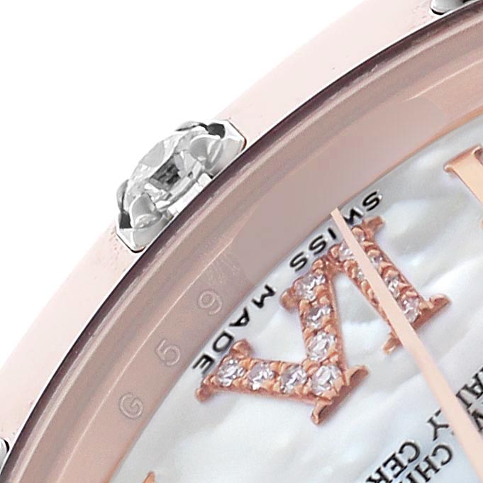The image shows a close-up of the Rolex Pearlmaster 81315 Women's Rose Gold Mother of Pearl Dial 81315 Women's Rose Gold Mother of Pearl Dial watch, highlighting the diamond-set bezel and part of the dial with gem-set markers.