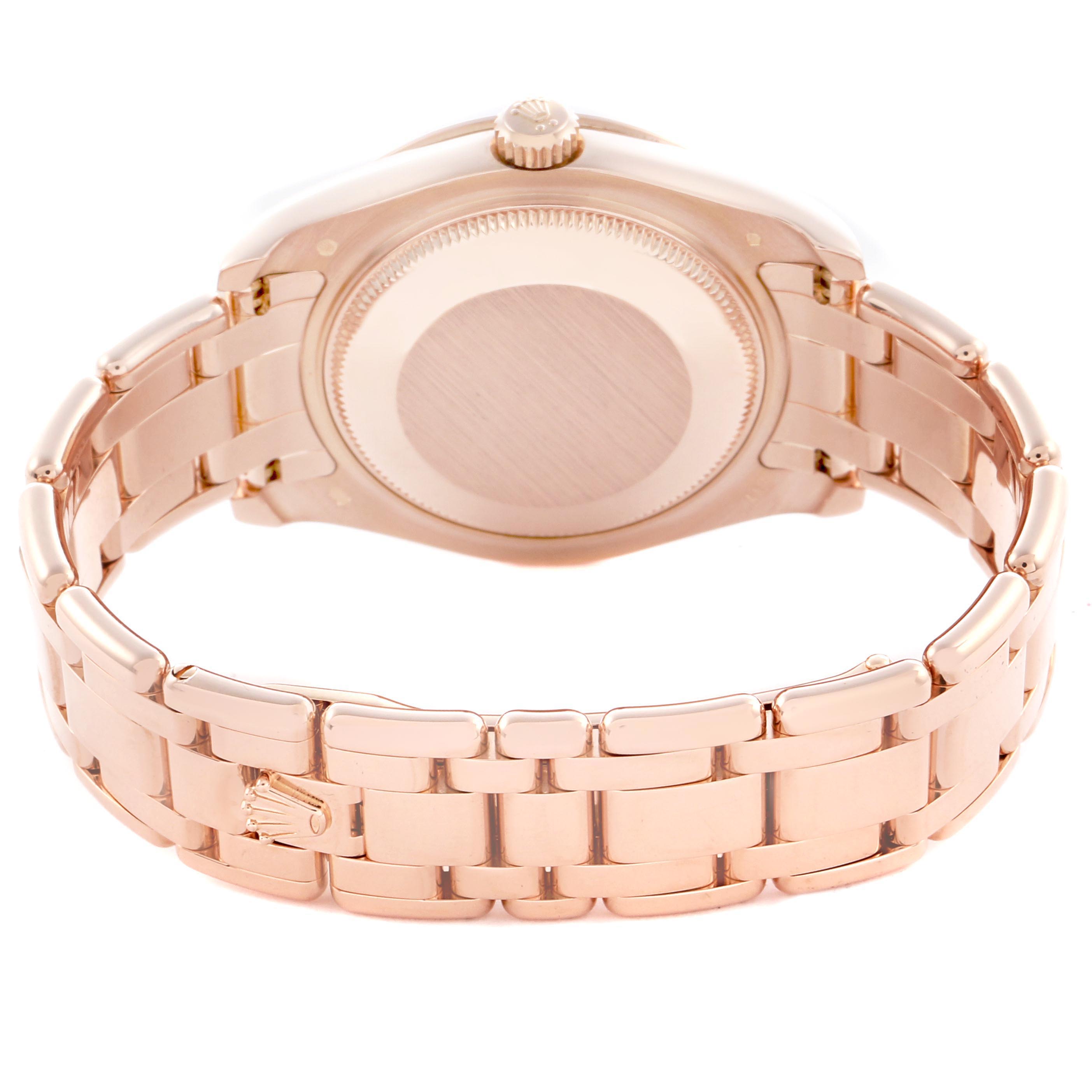 The Rolex Pearlmaster 81315 Women's Rose Gold Mother of Pearl Dial 81315 Women's Rose Gold Mother of Pearl Dial watch is shown from the back, highlighting the case back, bracelet, and clasp.