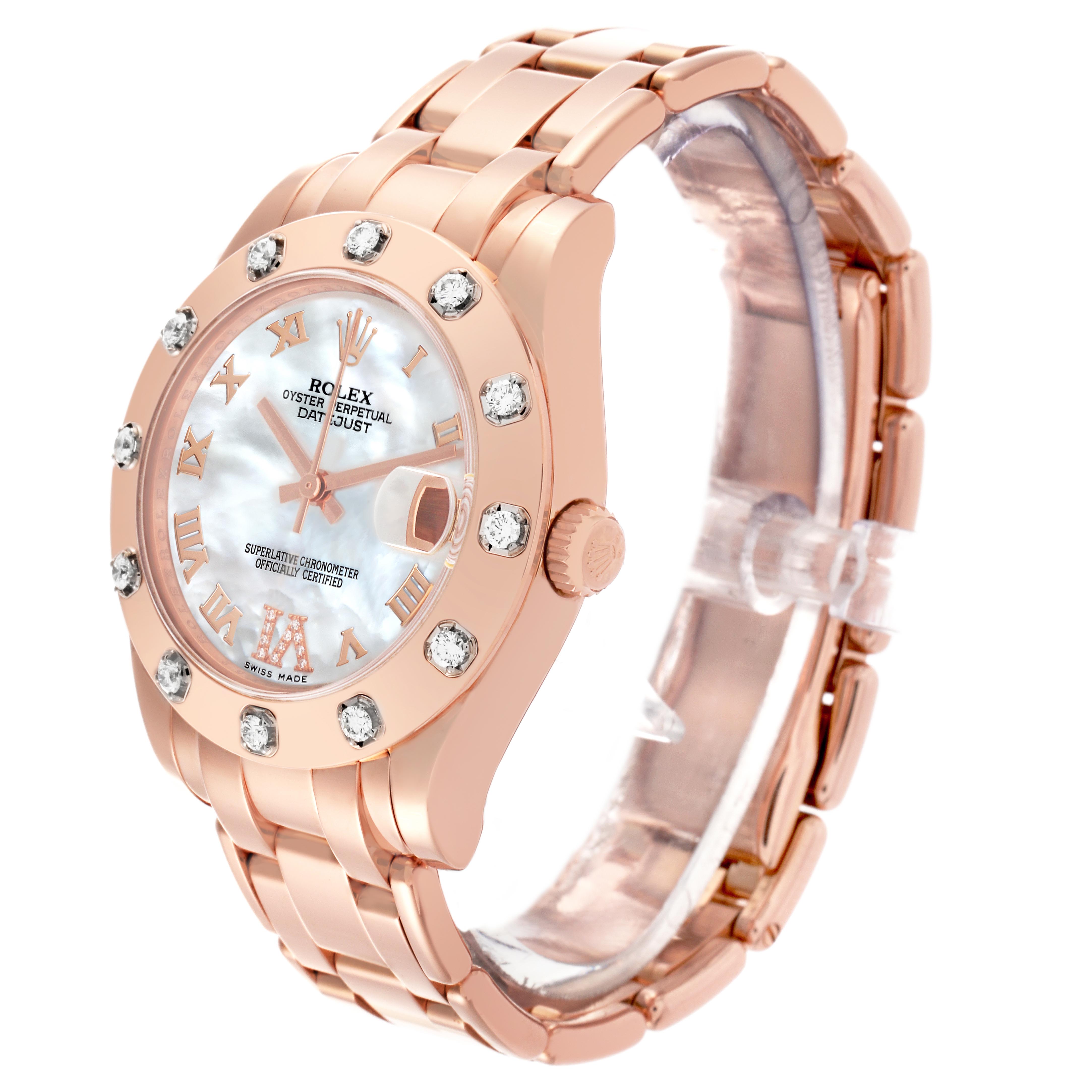 The Rolex Pearlmaster 81315 Women's Rose Gold Mother of Pearl Dial 81315 Women's Rose Gold Mother of Pearl Dial watch is shown at an angle highlighting the face, bezel with diamonds, crown, and part of the bracelet.