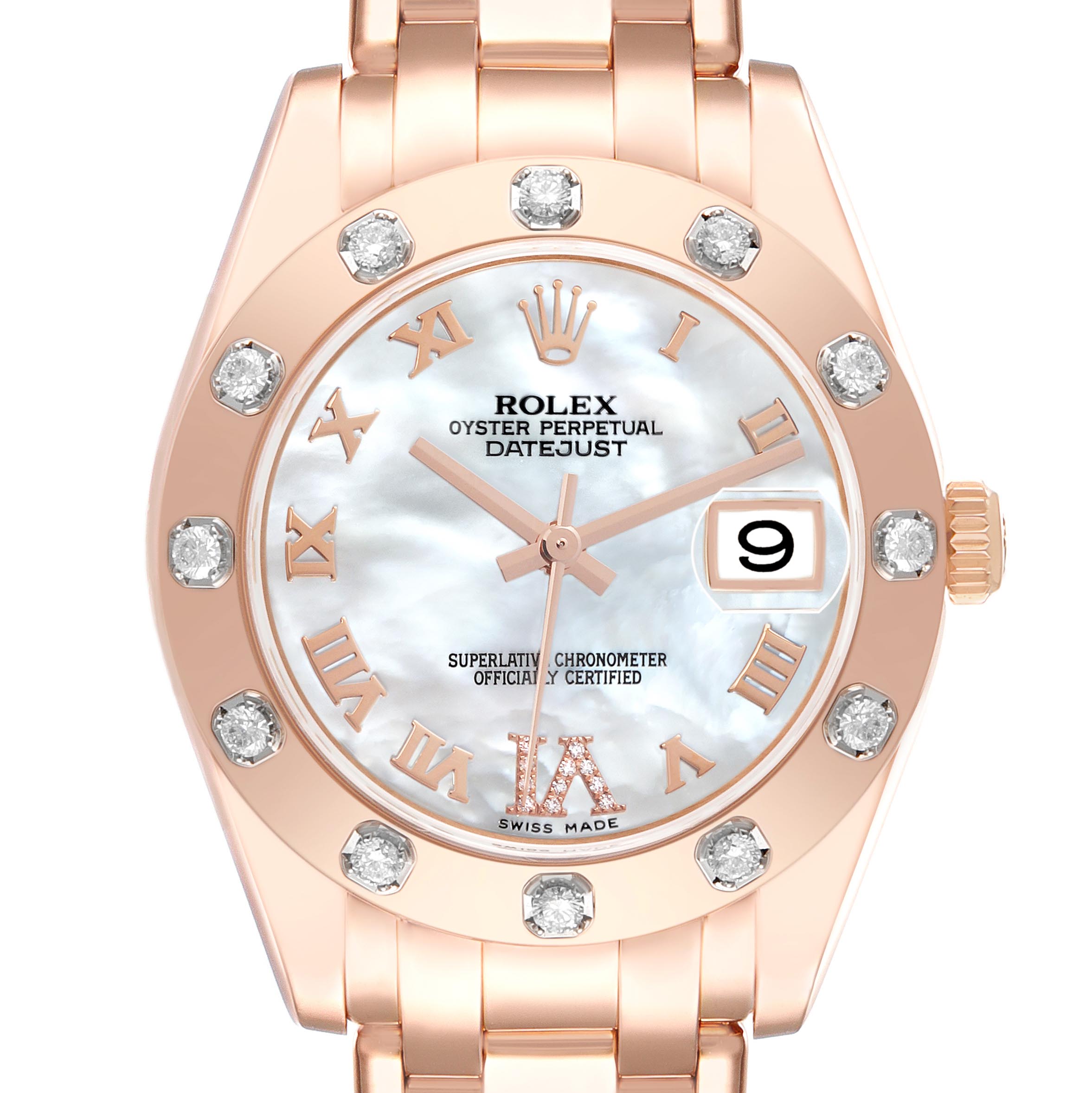 The Rolex Pearlmaster 81315 Women's Rose Gold Mother of Pearl Dial 81315 Women's Rose Gold Mother of Pearl Dial watch is shown from a top-down angle, highlighting its face, bezel with diamonds, and part of the bracelet.