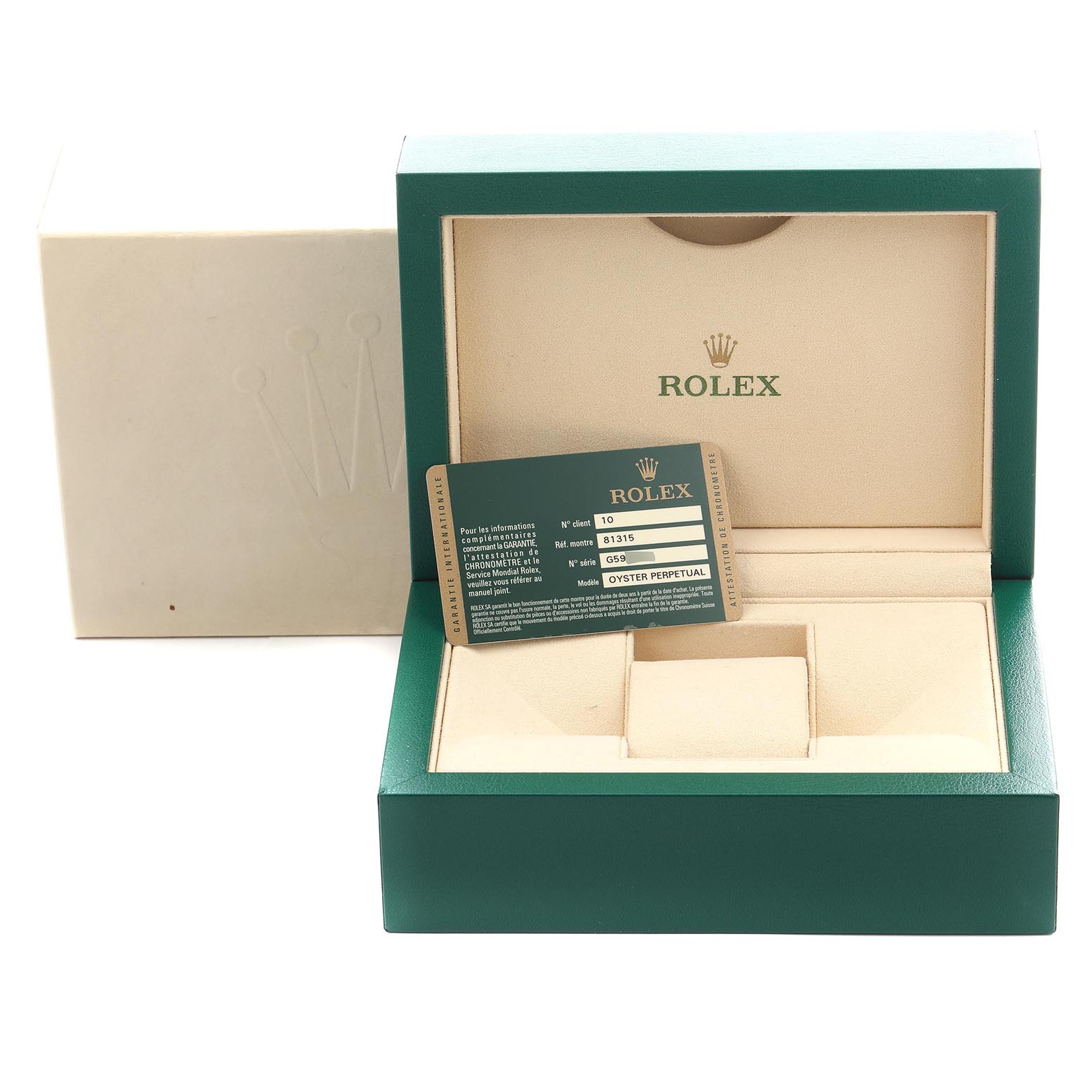 The image shows an open Rolex Pearlmaster 81315 Women's Rose Gold Mother of Pearl Dial 81315 Women's Rose Gold Mother of Pearl Dial box from a front angle, revealing the interior and a warranty card.