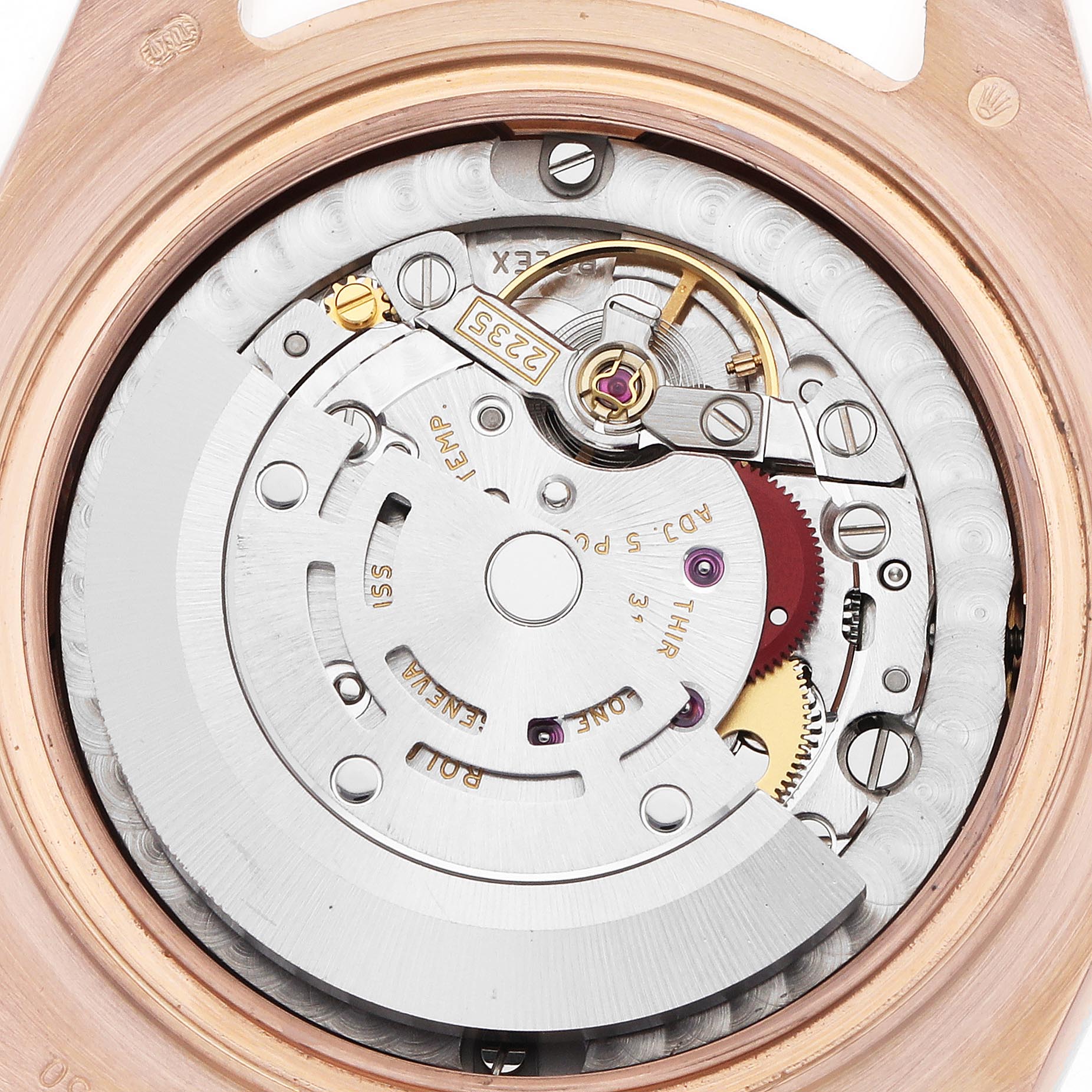 The image shows the movement and internal mechanism of a Rolex Pearlmaster 81315 Women's Rose Gold Mother of Pearl Dial 81315 Women's Rose Gold Mother of Pearl Dial watch from a rear angle.