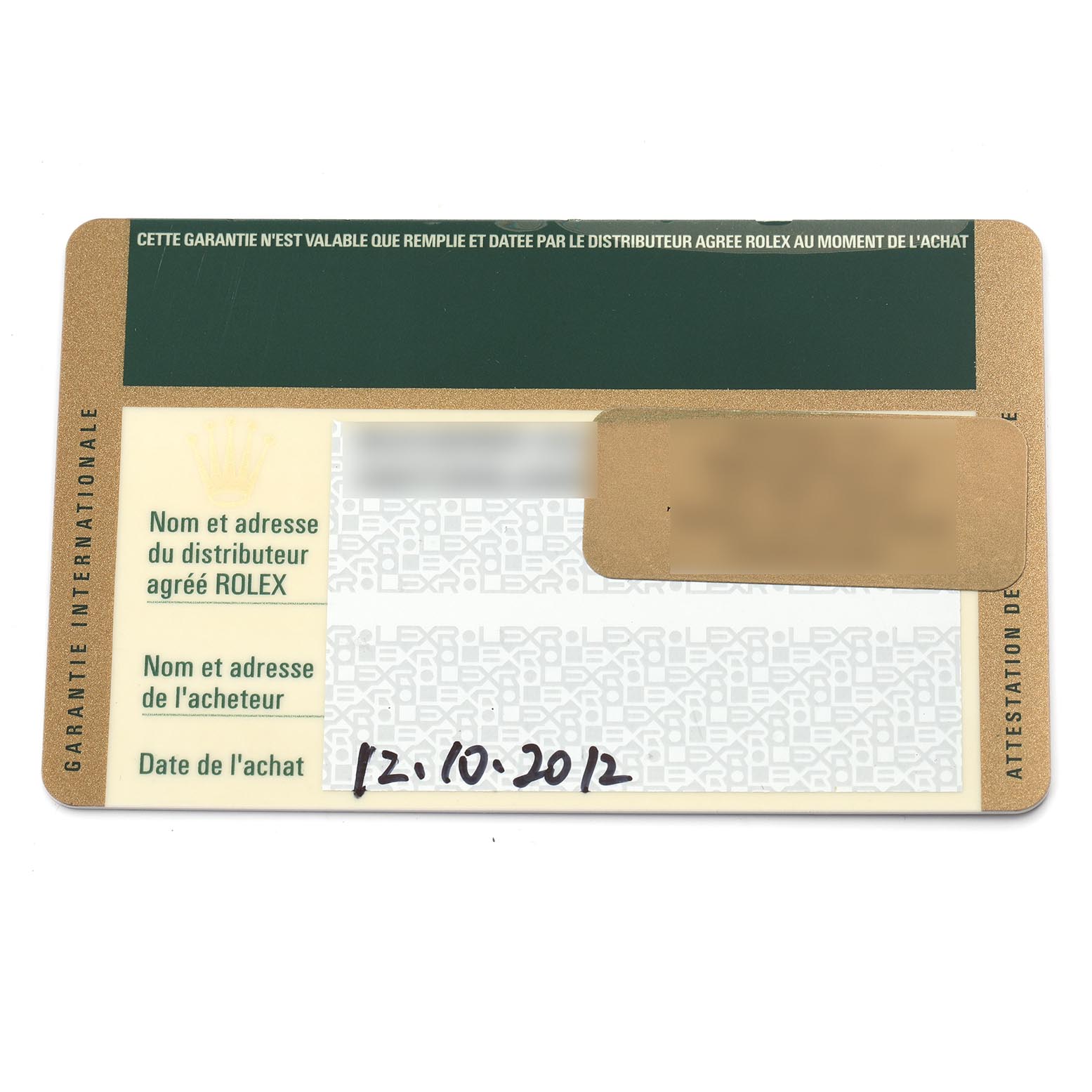 The image shows a guarantee card for a Rolex Pearlmaster 81315 Women's Rose Gold Mother of Pearl Dial 81315 Women's Rose Gold Mother of Pearl Dial, displaying purchase details and distributor information.