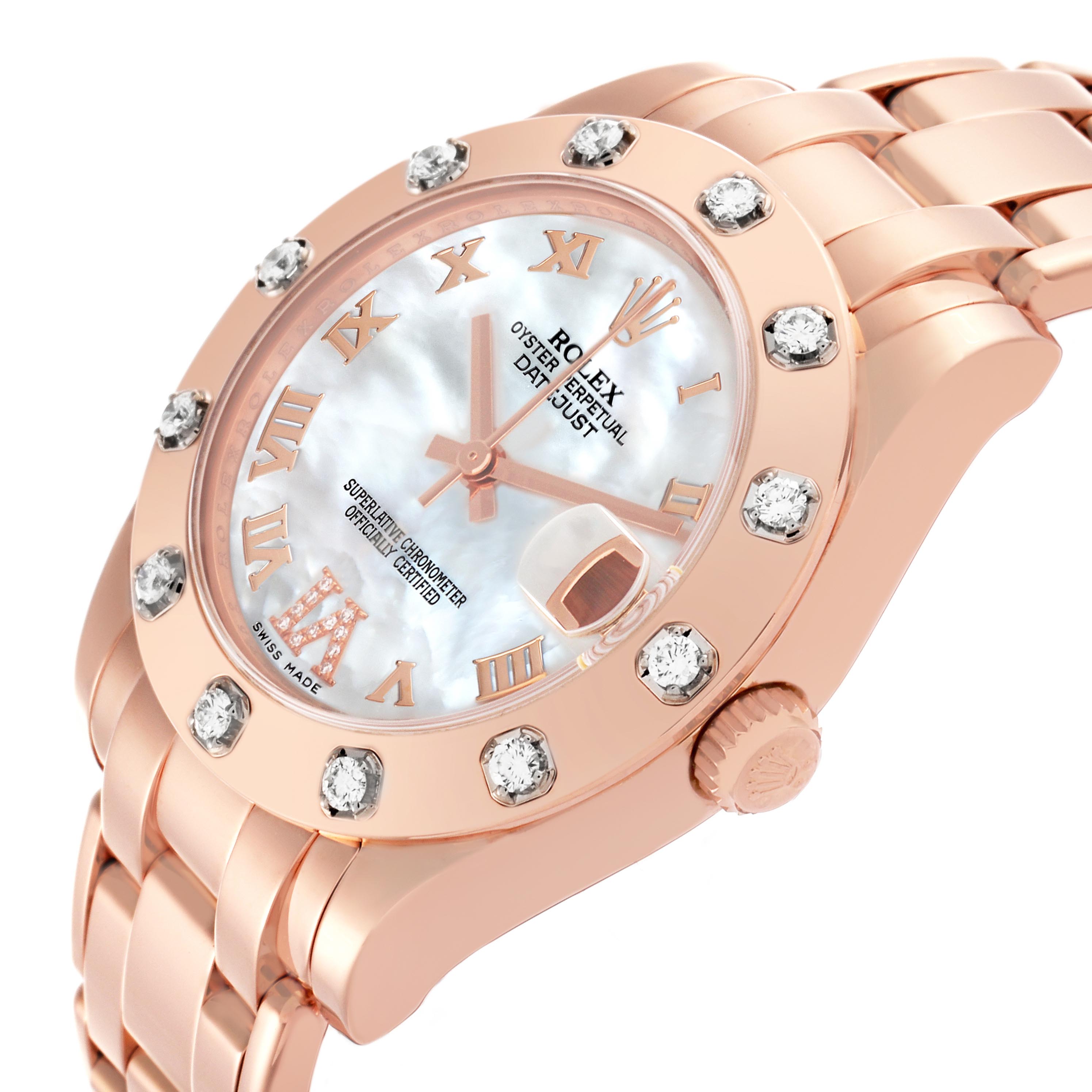 The Rolex Pearlmaster 81315 Women's Rose Gold Mother of Pearl Dial 81315 Women's Rose Gold Mother of Pearl Dial watch is shown at a slight angle, highlighting the diamond bezel, mother-of-pearl dial, and bracelet.