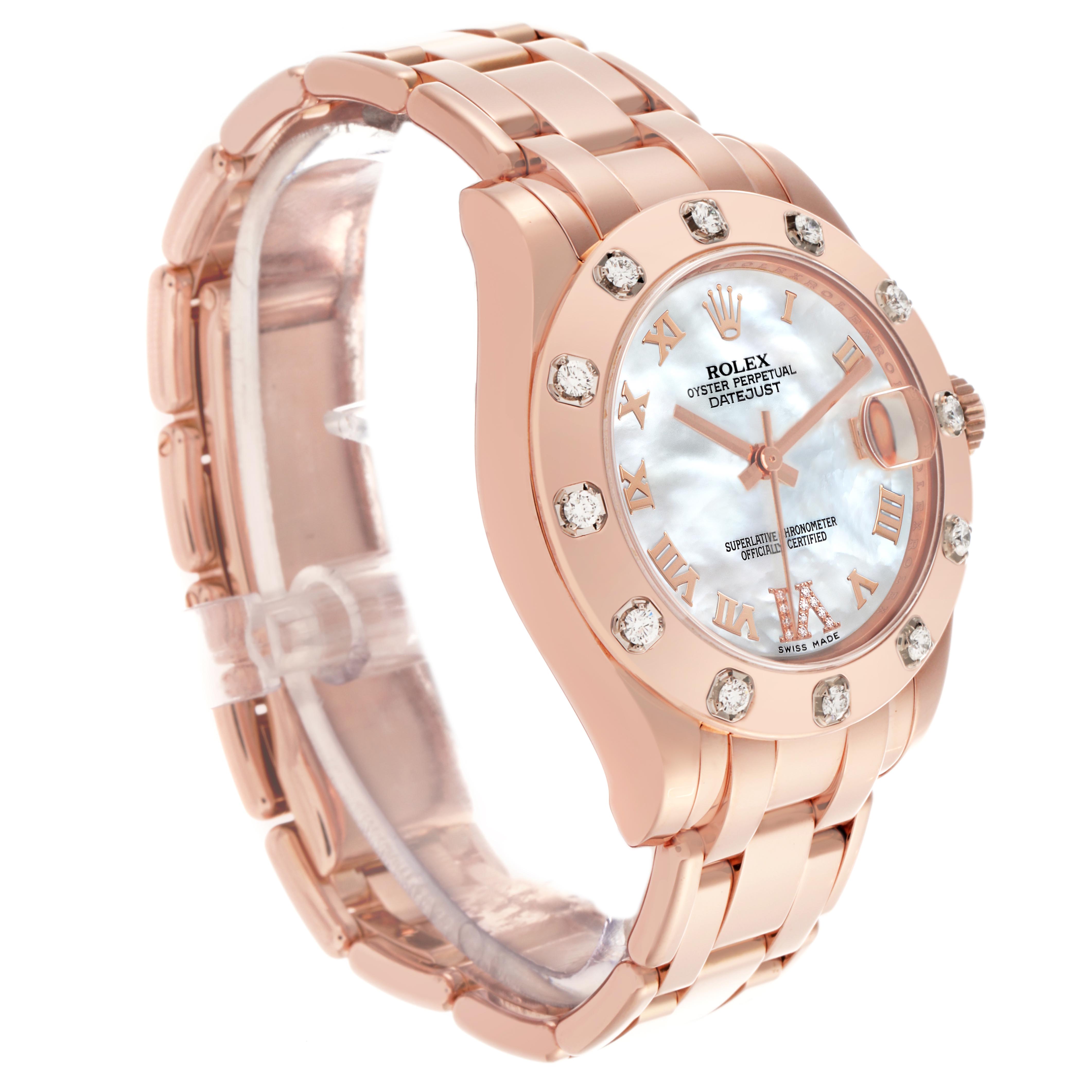 The Rolex Pearlmaster 81315 Women's Rose Gold Mother of Pearl Dial 81315 Women's Rose Gold Mother of Pearl Dial watch is shown at a three-quarter angle, highlighting the bracelet, face, and bezel.