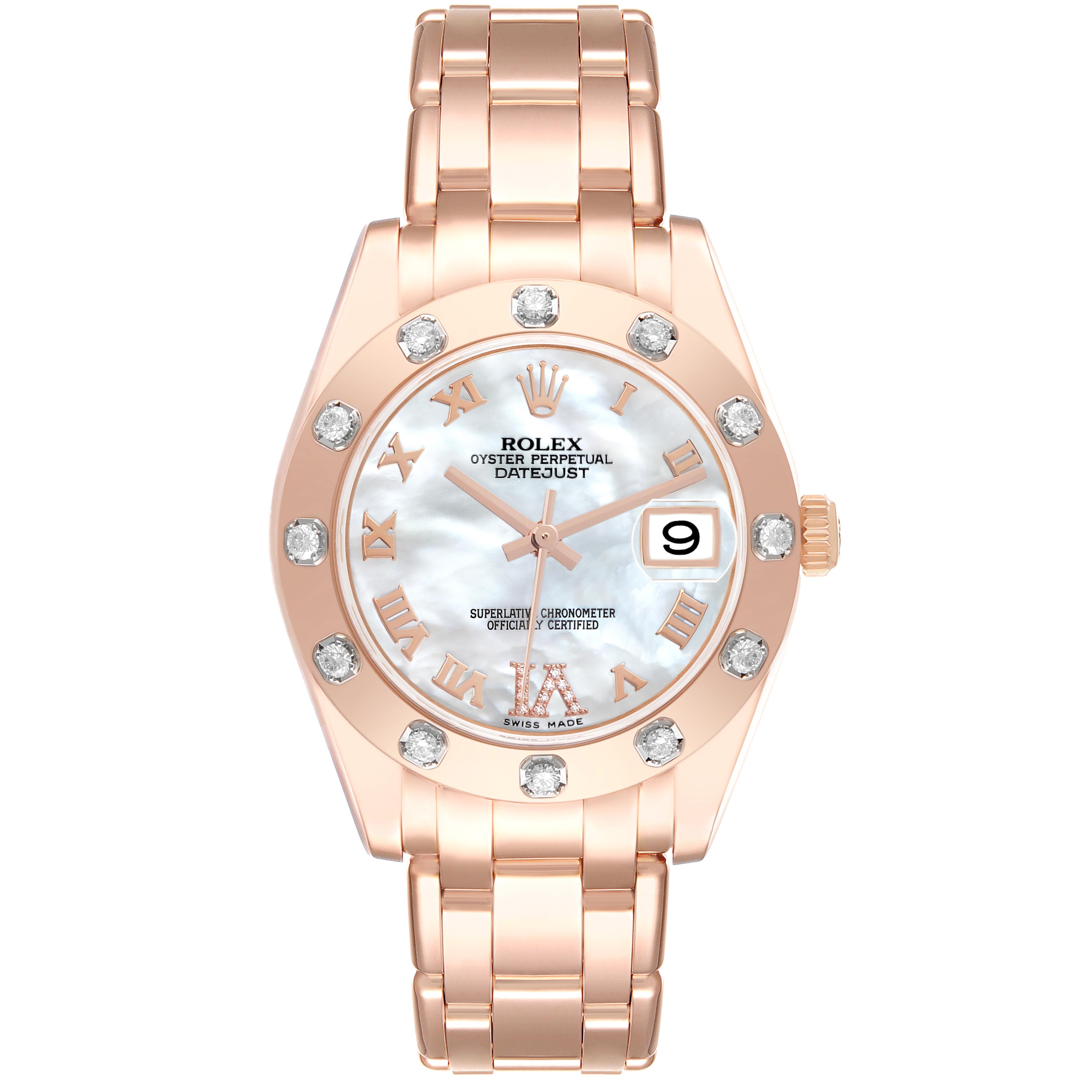 The Rolex Pearlmaster 81315 Women's Rose Gold Mother of Pearl Dial 81315 Women's Rose Gold Mother of Pearl Dial watch is shown from the front, displaying its face, bracelet, and bezel with diamond accents.