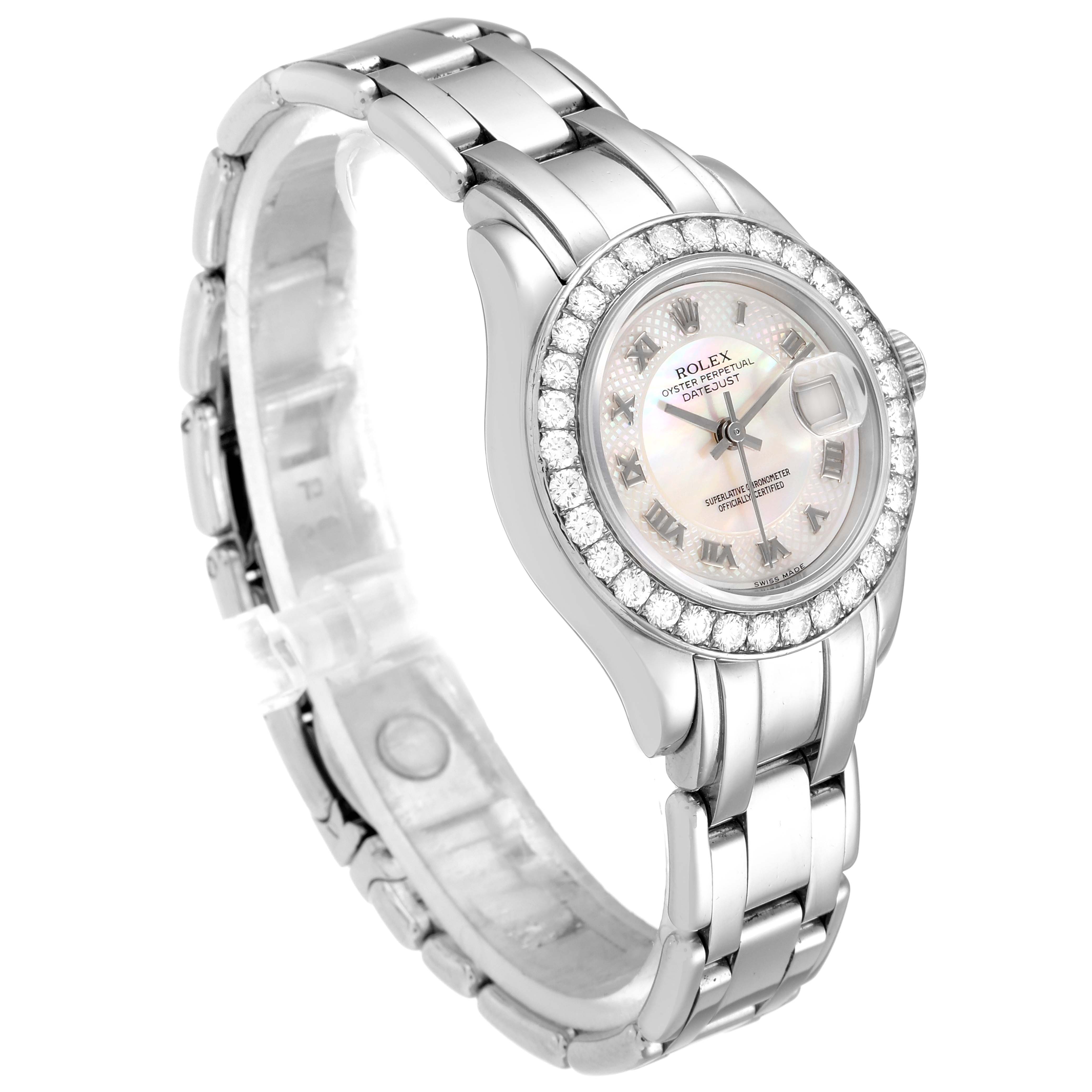 The Rolex Pearlmaster 80299 Women's White Gold Mother of Pearl Dial 80299 Women's White Gold Mother of Pearl Dial watch is shown at a slight angle showcasing the bracelet, bezel, dial, and some of the crown.