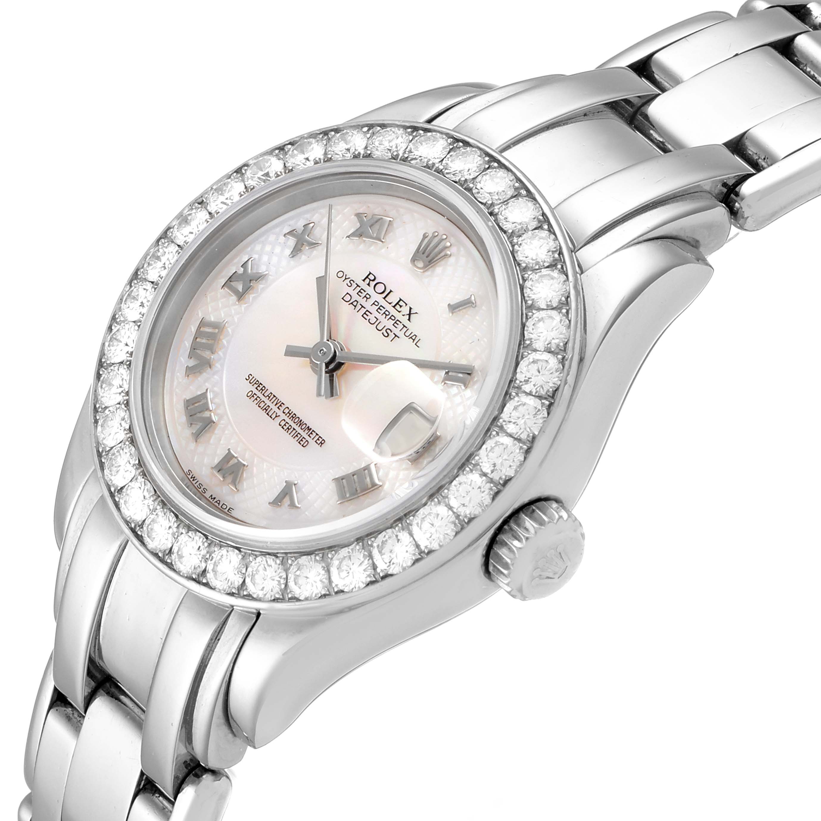 The image shows a close-up, angled view of a Rolex Pearlmaster 80299 Women's White Gold Mother of Pearl Dial 80299 Women's White Gold Mother of Pearl Dial watch, highlighting its face, bezel, and part of the bracelet.