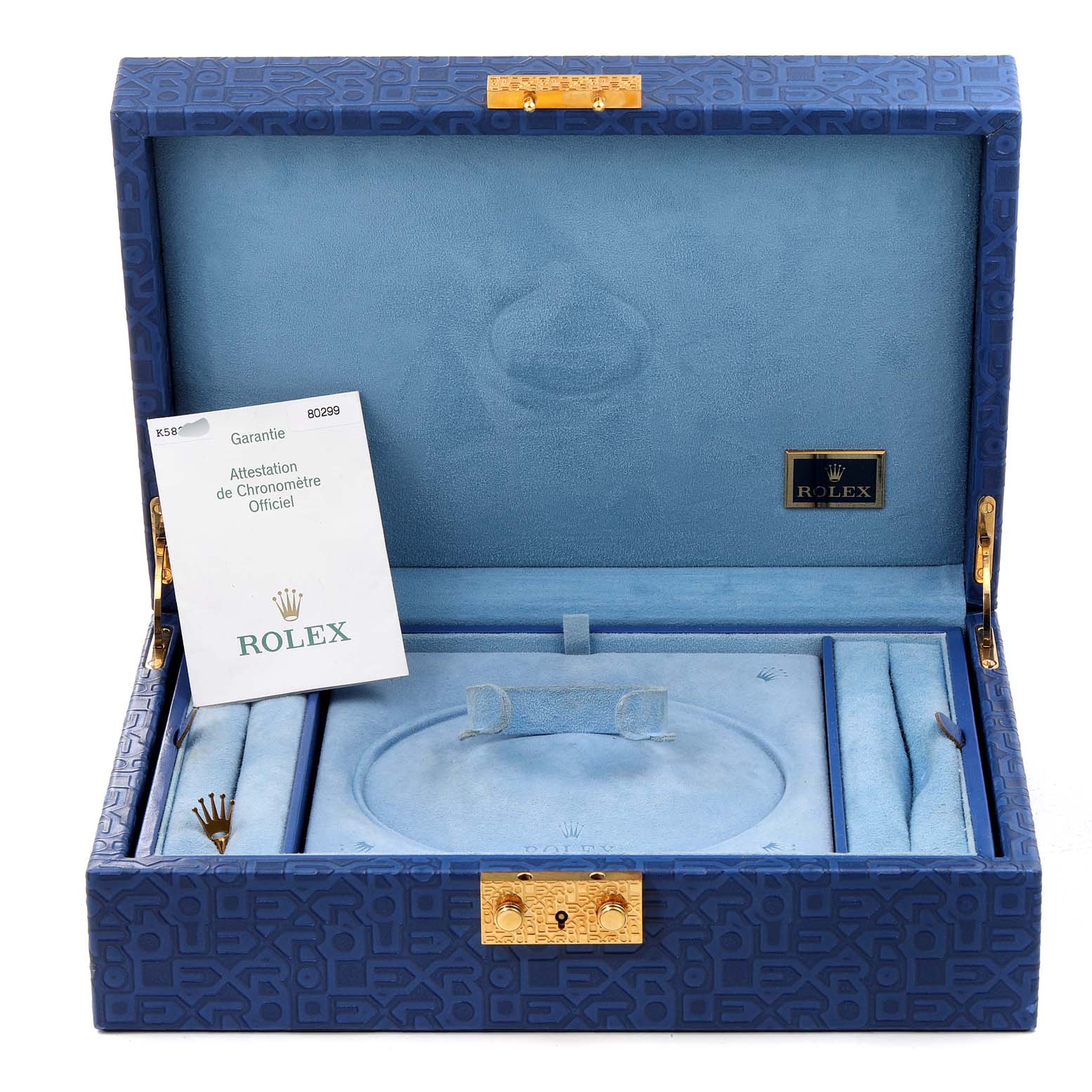 This image shows an open box of a Rolex Pearlmaster 80299 Women's White Gold Mother of Pearl Dial 80299 Women's White Gold Mother of Pearl Dial, containing compartments and a warranty card.