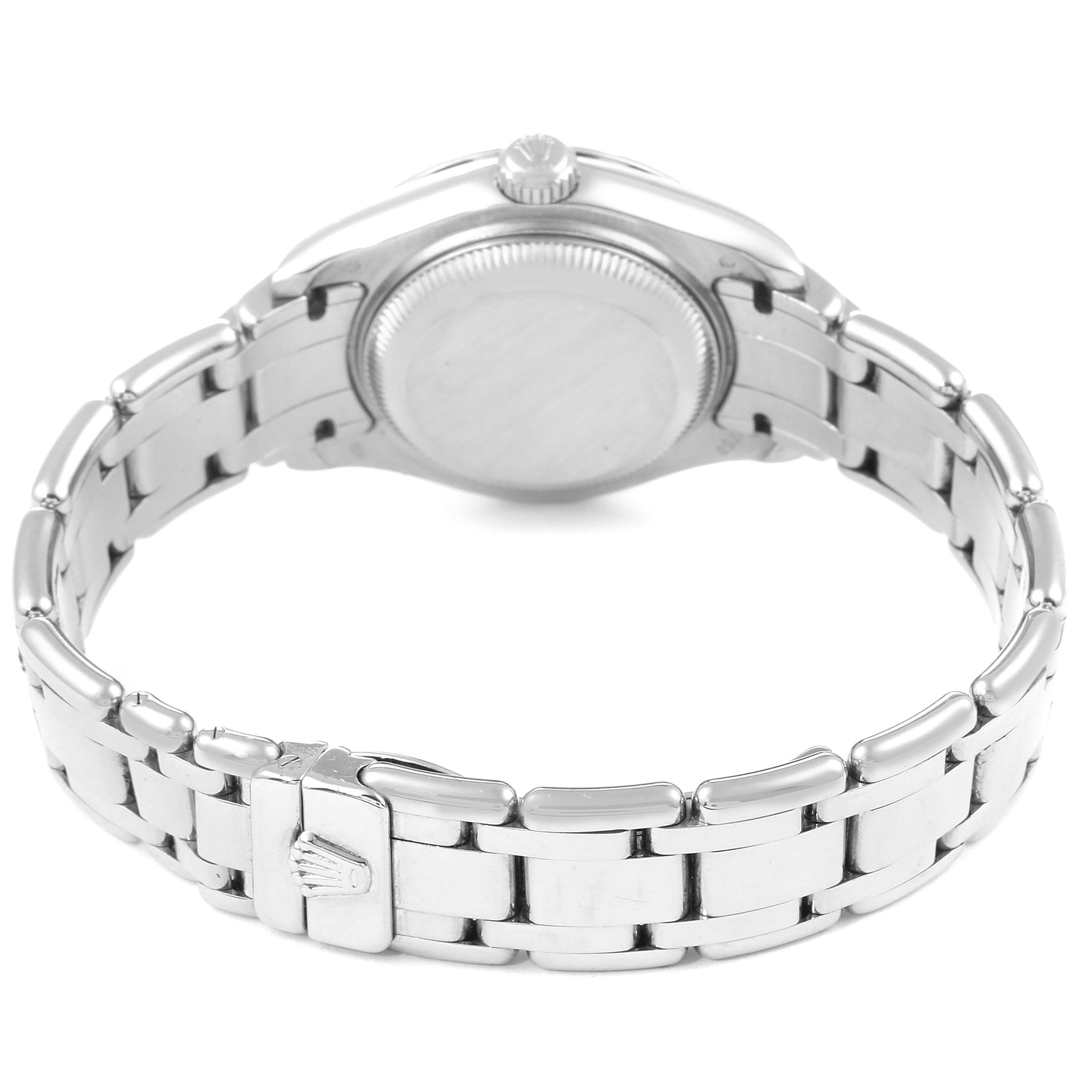 This image shows the back and bracelet of a Rolex Pearlmaster 80299 Women's White Gold Mother of Pearl Dial 80299 Women's White Gold Mother of Pearl Dial watch from a rear angle.