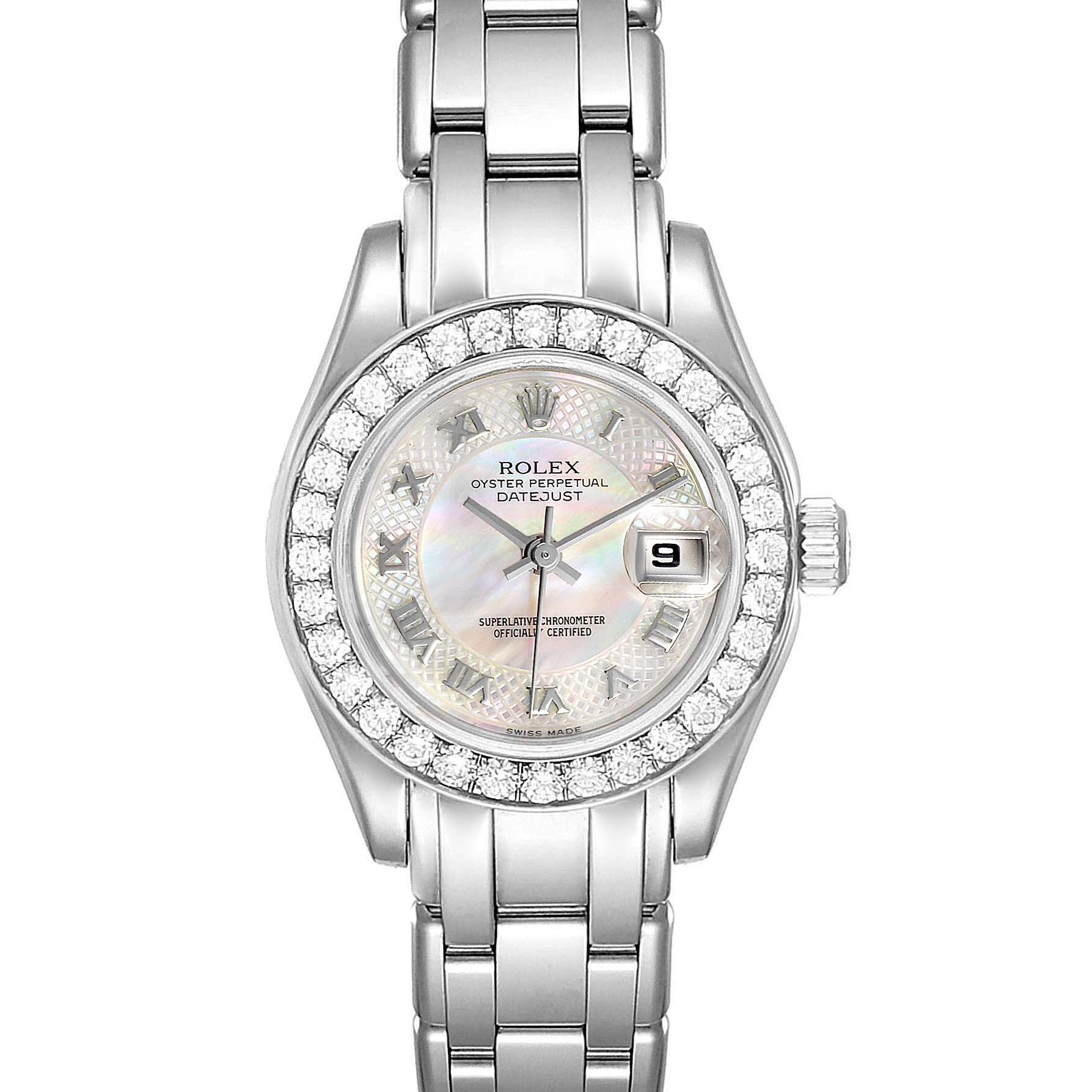 The image shows a front view of a Rolex Pearlmaster 80299 Women's White Gold Mother of Pearl Dial 80299 Women's White Gold Mother of Pearl Dial watch, highlighting its mother-of-pearl dial and diamond-set bezel.