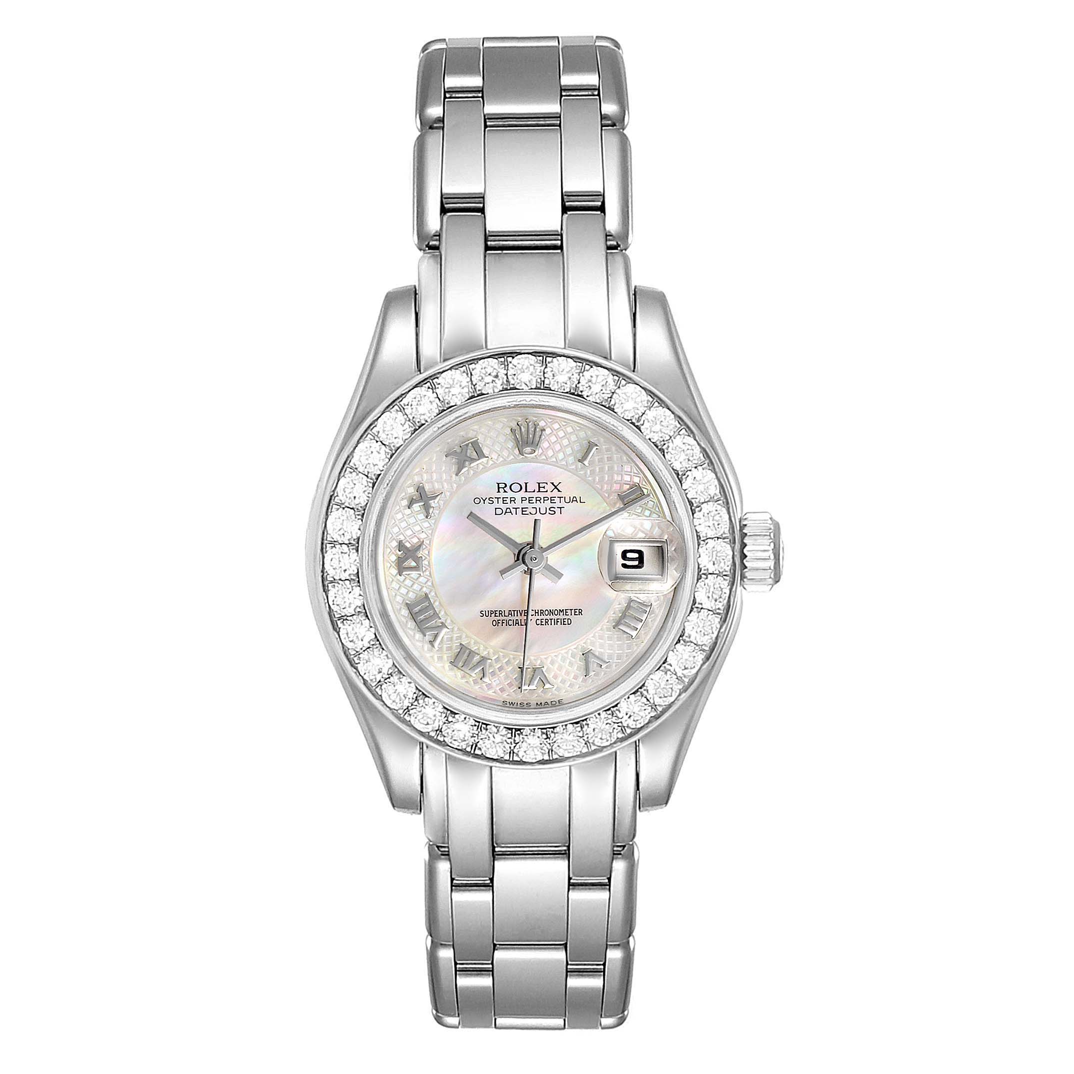 The Rolex Pearlmaster 80299 Women's White Gold Mother of Pearl Dial 80299 Women's White Gold Mother of Pearl Dial watch is shown from a top-down angle, displaying the face, bezel, and part of the bracelet.
