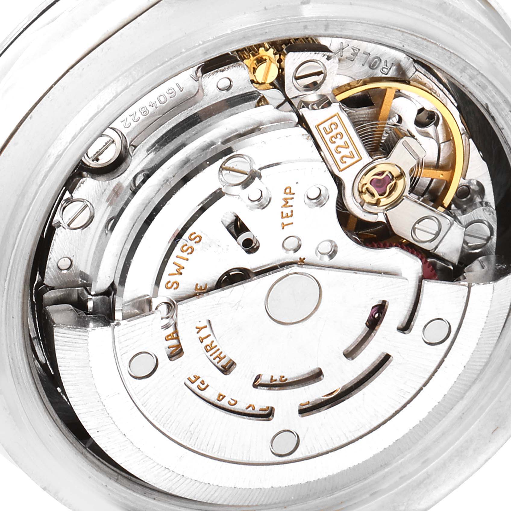 The image shows the internal mechanism of a Rolex Pearlmaster 80299 Women's White Gold Mother of Pearl Dial 80299 Women's White Gold Mother of Pearl Dial watch at a close-up angle.