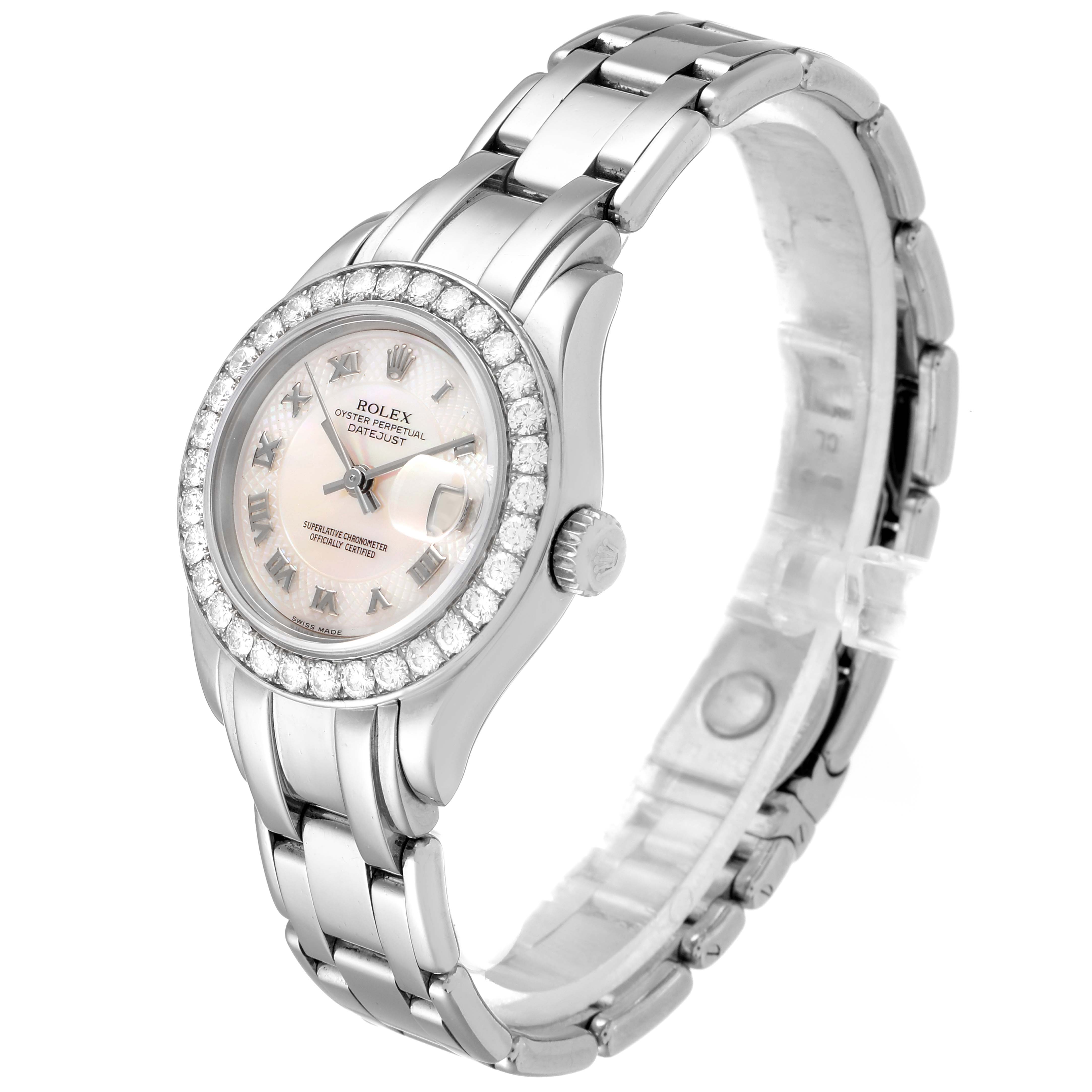 The image shows a Rolex Pearlmaster 80299 Women's White Gold Mother of Pearl Dial 80299 Women's White Gold Mother of Pearl Dial watch at an angle highlighting the face, bezel, crown, and bracelet.