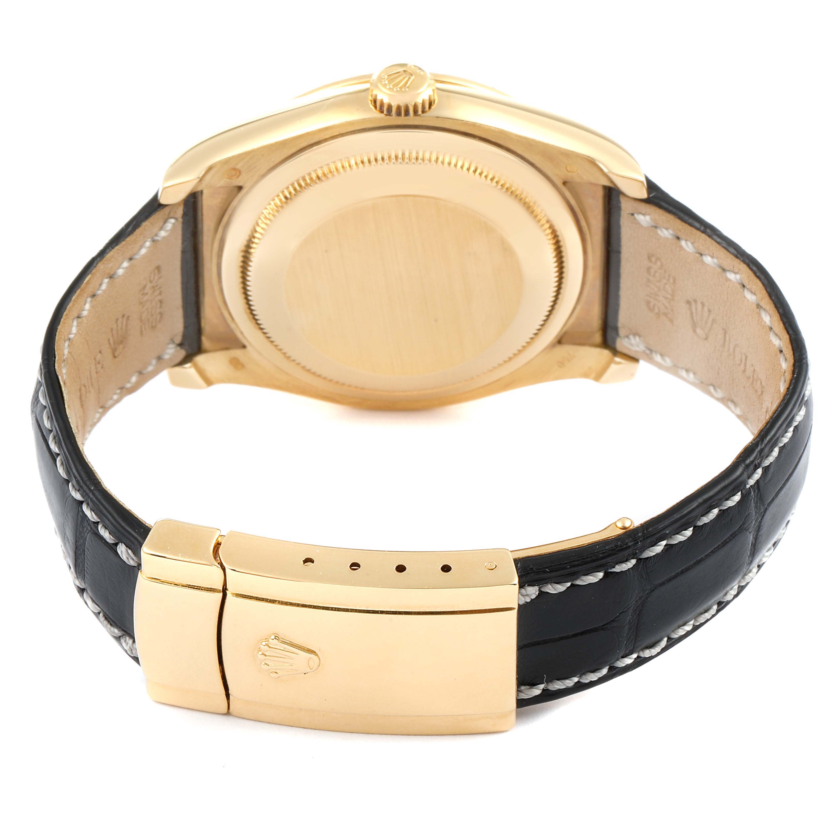 The image shows the back and clasp of the Rolex President 116188 Men's Yellow Gold Green Dial 116188 Men's Yellow Gold Green Dial model watch, featuring a gold case and black leather strap.