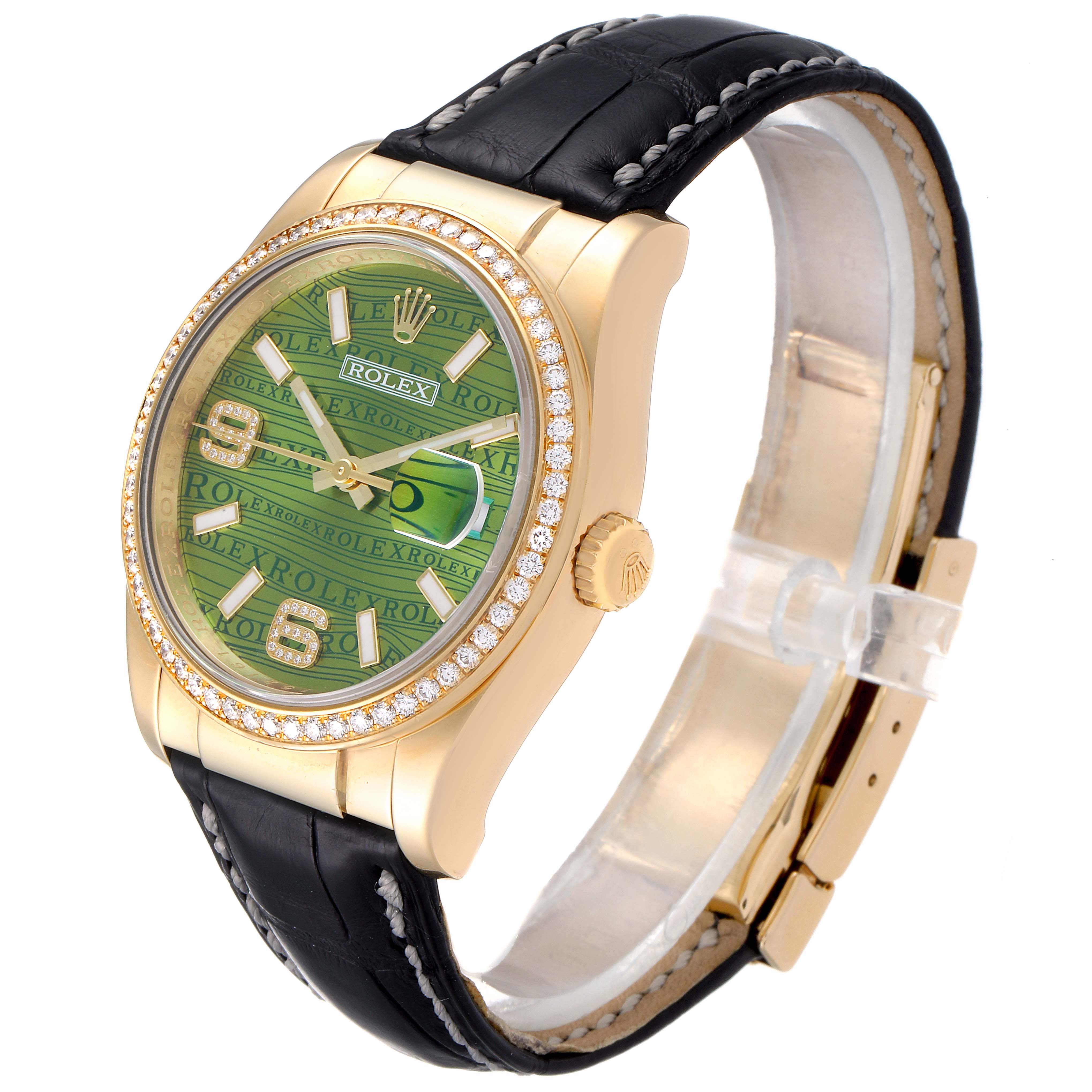 This image shows a Rolex President 116188 Men's Yellow Gold Green Dial 116188 Men's Yellow Gold Green Dial model watch at a slight angle, highlighting the face, bezel, crown, and leather strap.