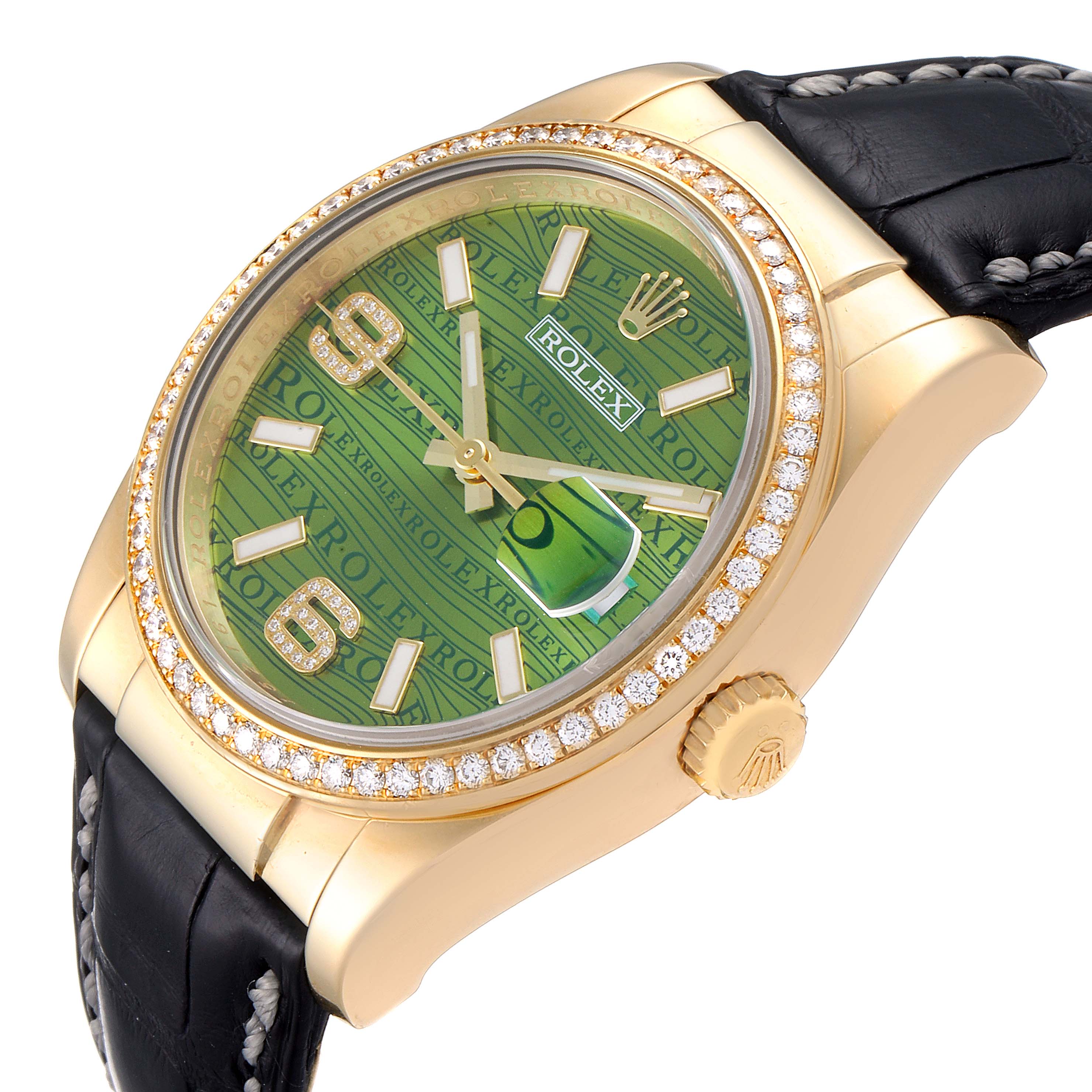 The image shows a Rolex President 116188 Men's Yellow Gold Green Dial 116188 Men's Yellow Gold Green Dial model watch at an angle, highlighting its green dial, gold case, diamond bezel, and black leather strap.