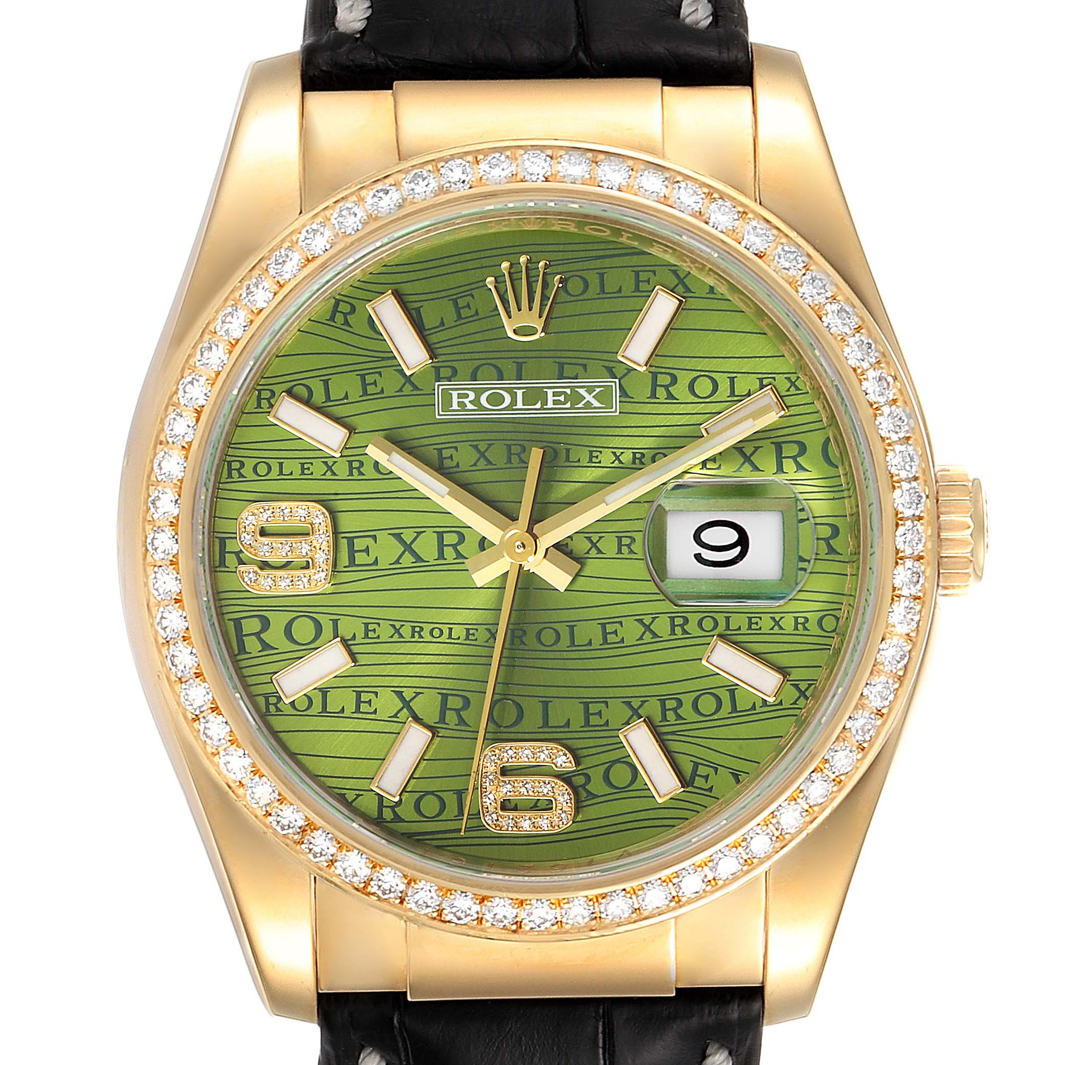This is a close-up view of a Rolex President 116188 Men's Yellow Gold Green Dial 116188 Men's Yellow Gold Green Dial model watch, showing the green dial, diamond-studded bezel, and date window.