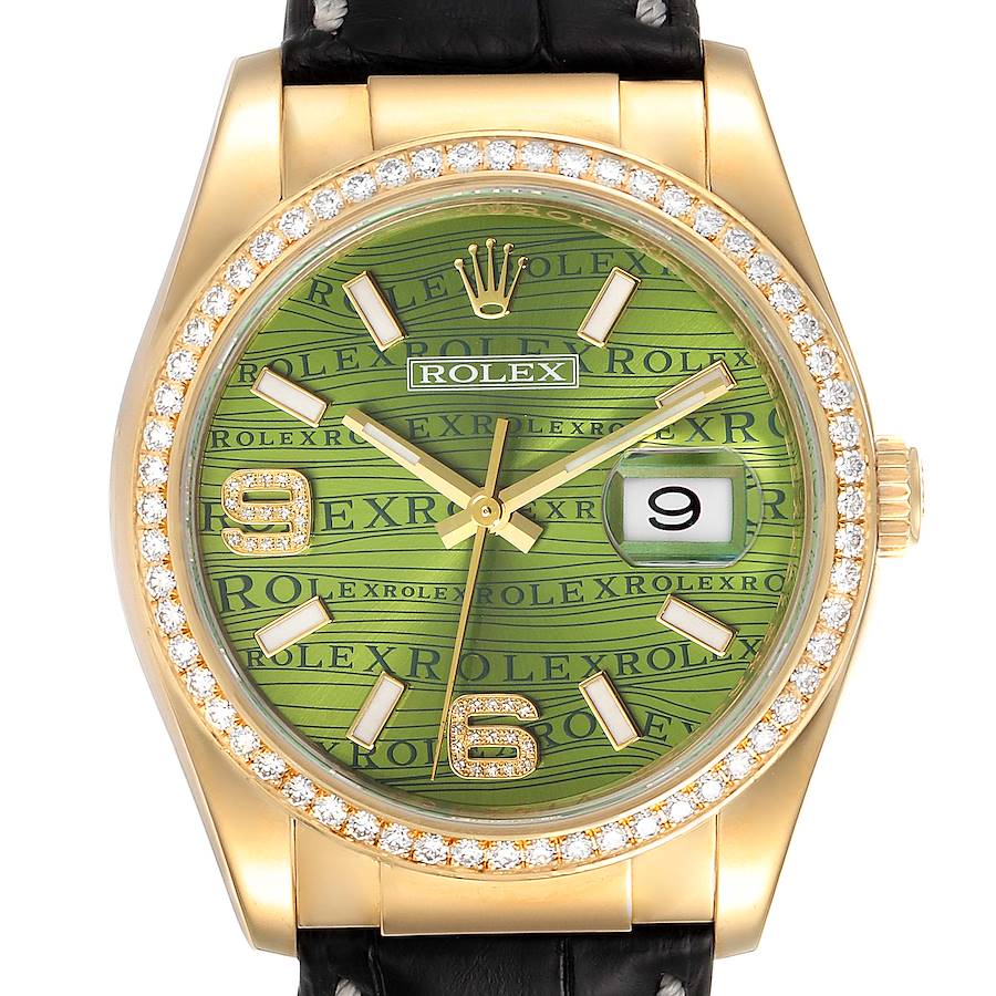 Rolex Datejust Yellow Gold Green Wave Dial Diamond Mens Watch 116188 SwissWatchExpo