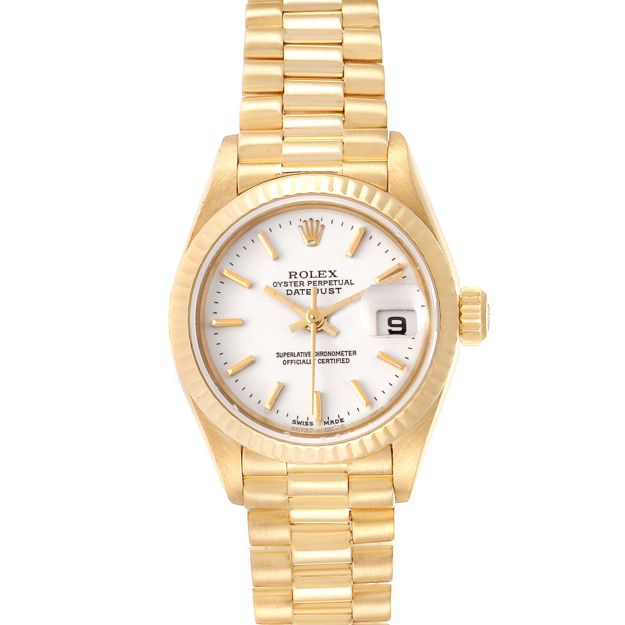 This is a frontal view of a Rolex President 69178 Women
s Yellow Gold White Dial 69178 Women
s Yellow Gold White Dial model watch, showing the face, dial, hands, date window, and bracelet.