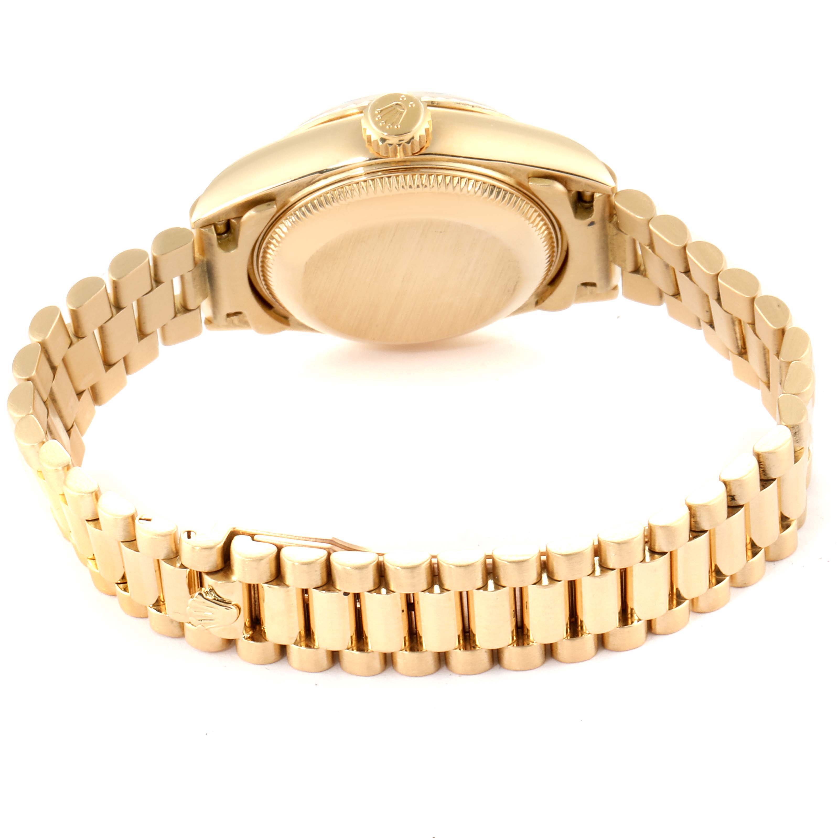 The image shows the back view of a Rolex President 69178 Women
s Yellow Gold White Dial 69178 Women
s Yellow Gold White Dial model watch, highlighting the band and the case back.