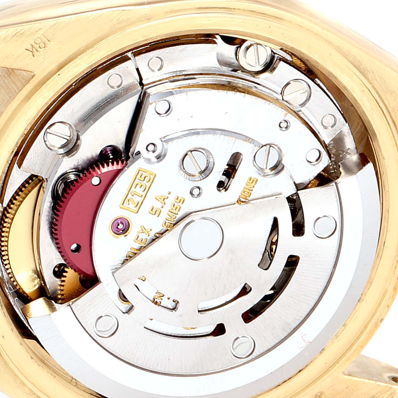 This image shows the movement and internal components of a Rolex President 69178 Women
s Yellow Gold White Dial 69178 Women
s Yellow Gold White Dial model watch from a top-down angle.
